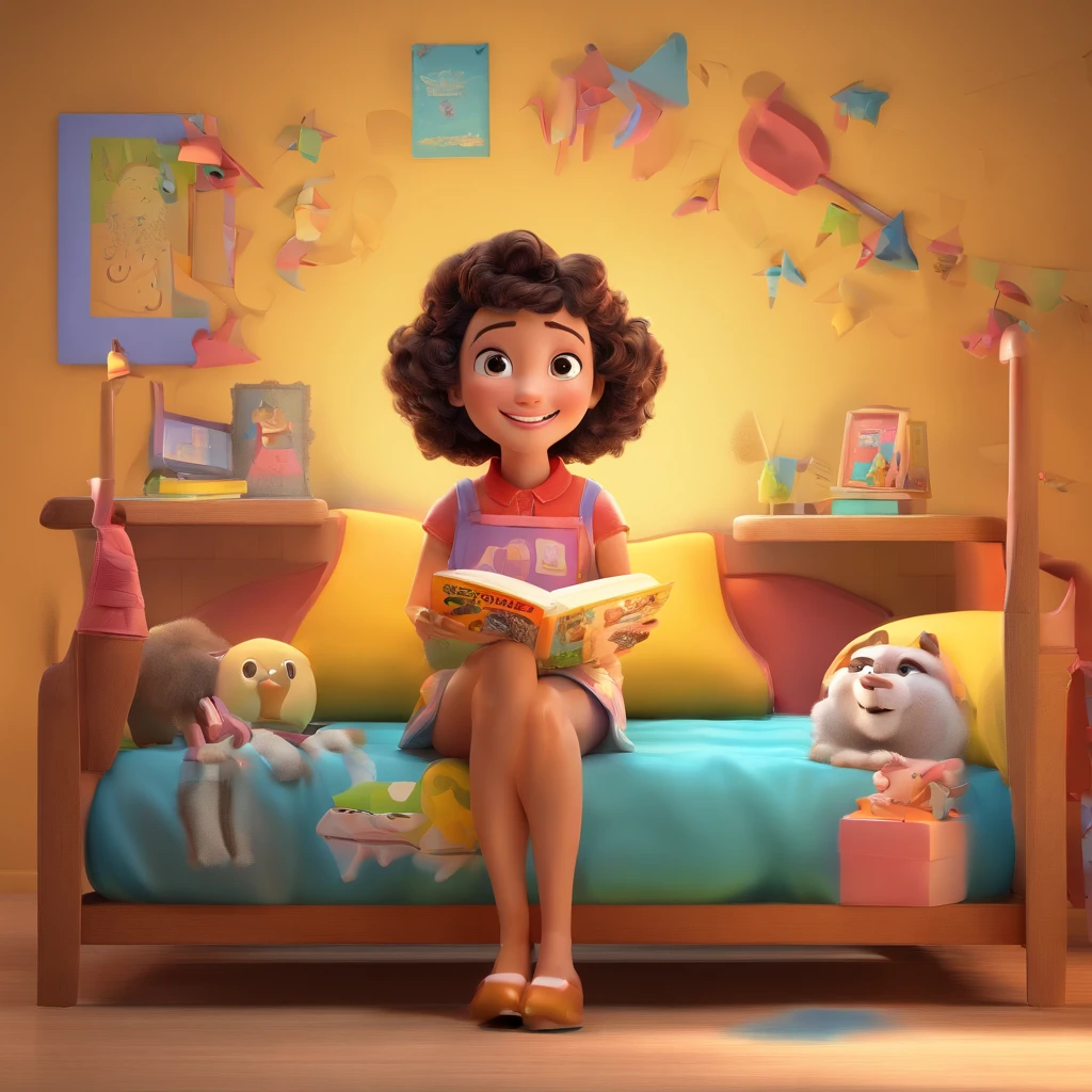 create a 3D movie poster inspired by Disney Pixar, The scene should be in Pixar's signature digital art style, with a caricature image of a brunette girl with short curly hair and wide smile in prone position, segurando um livro