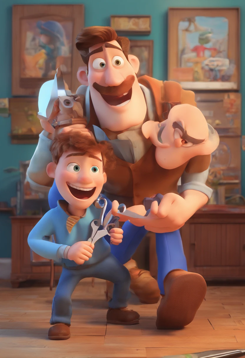 Estilo Pixar: The grown man is holding a naked blue-eyed boy and in his other hand he is holding a pair of scissors and is trying to cut off the boy's testicles,3D Poster,Disney