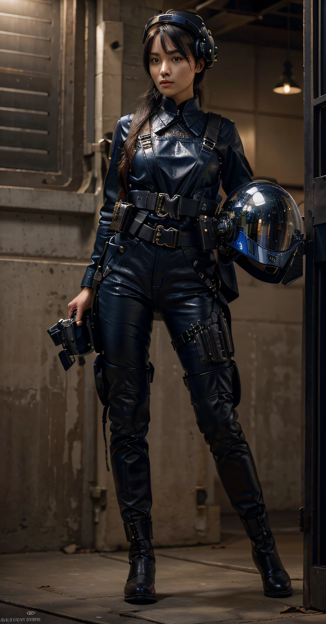 Very beautiful woman, Japanese characteristics, Highly detailed face, black hair, military fabric overalls, Dark blue color, Belt with ammunition, Leather harnesses, Black leather gloves, Highly detailed hands, In her hand she has an advanced helmet, Cyborg helmet , Black military boots, they are inside an ultra-advanced military installation. You can see a deactivated mecha, blue and white in the background, Ultra detailed, hyperrealistic, 4k, Ultra detailed, realistic image, Highly detailed, perfect composition, very beautiful, Intricately detailed, incredibly detailed, Art photography 8K, hyper detailed, Masterpiece, Ultra detailed, hyper realistic, 4k, Ultra detailed image, realistic, Highly detailed, perfect composition, beautiful, intricately detailed, incredibly detailed, 8k art photography, hyper detailed, masterpiece