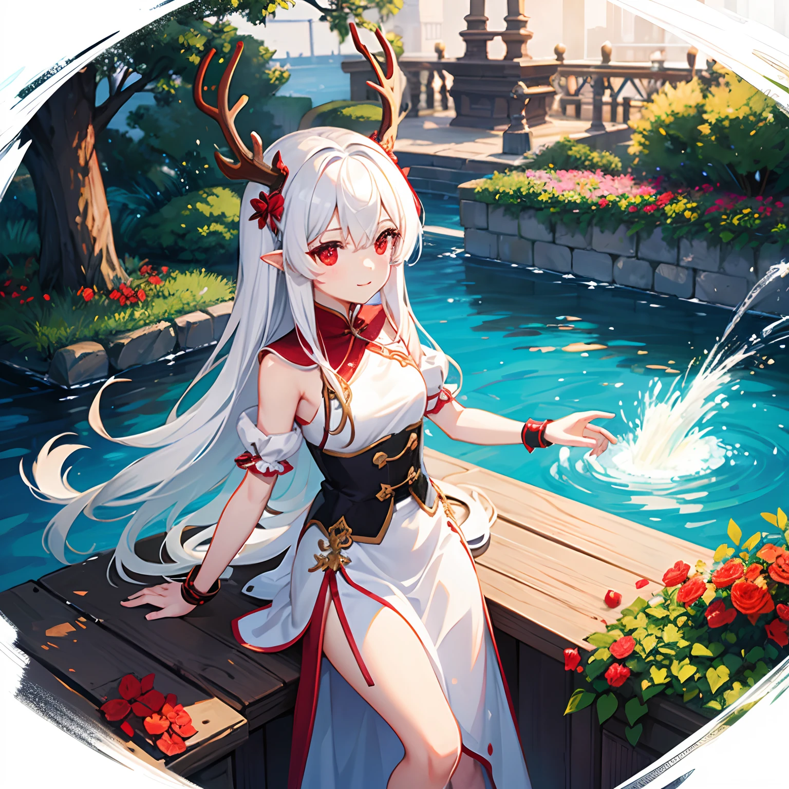 small girl, antlers, long white hair, happy, fountain, france, park, qipao, red eyes, rice
