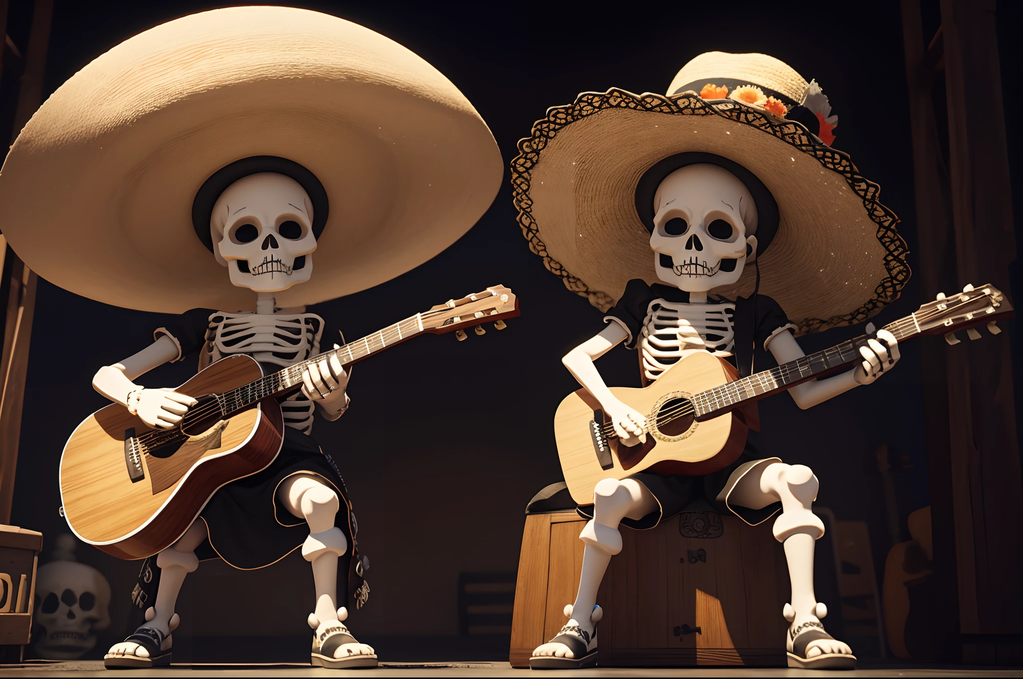 Cute skeletons with Mexican hat playing the guitar, Dia de los muertos imagery, 3d Pixard style, highly detailed.