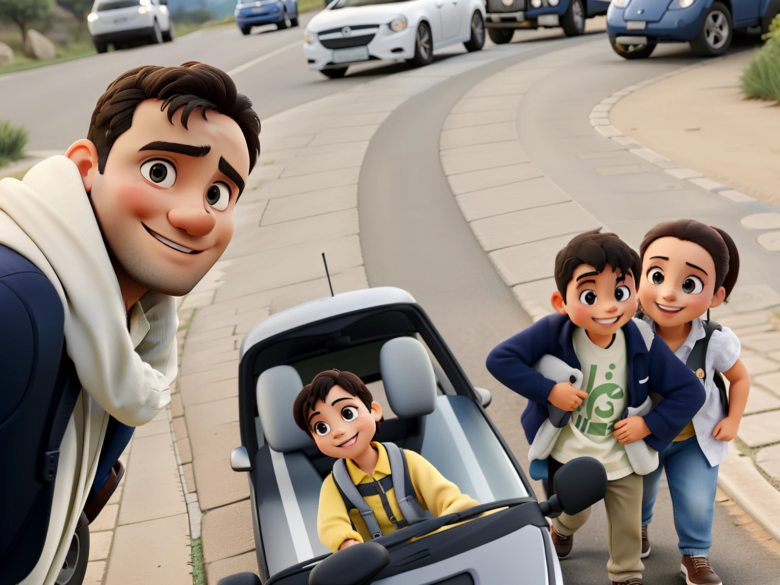 A happy family, passeando na rua. The background is a stone road with a few cars