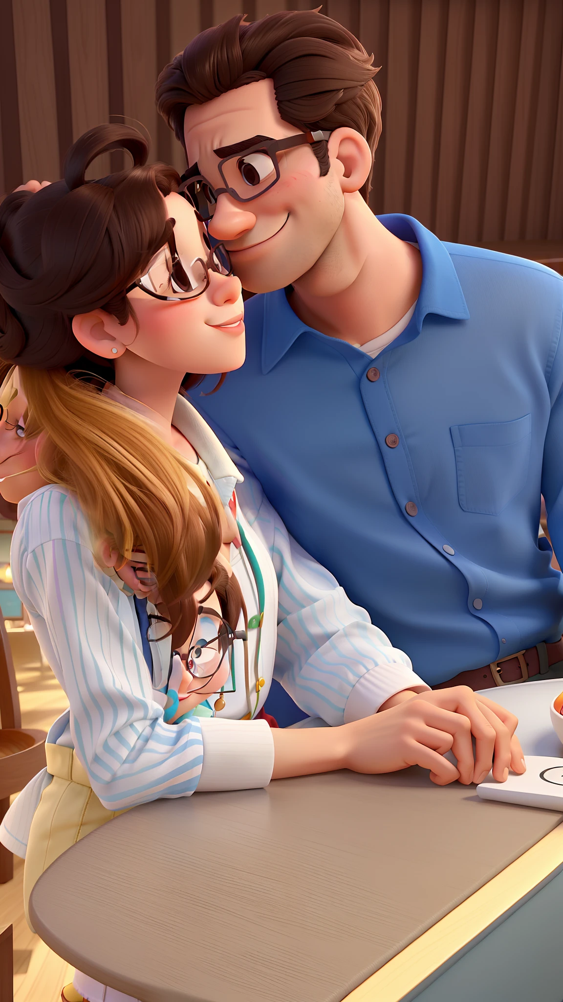 Um casal no estilo disney pixar, alta qualidade, se beijando, felicidade, amor, restaurante, homem sem barba, man with glasses, mulher com cabelo cacheada, Hug