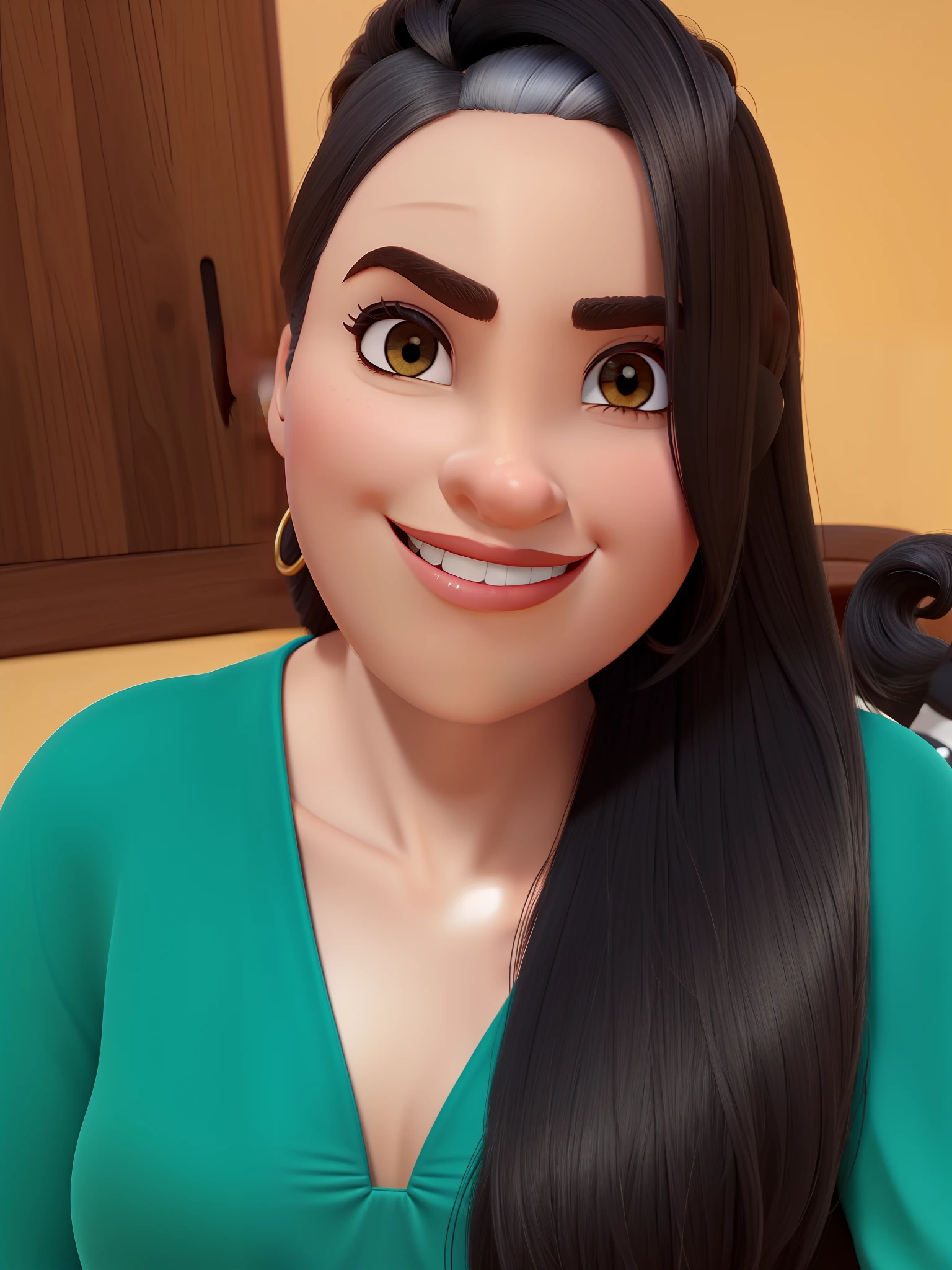 Mulher com cabelos longos preto estilo pixar, alta qualidade, melhor qualidade