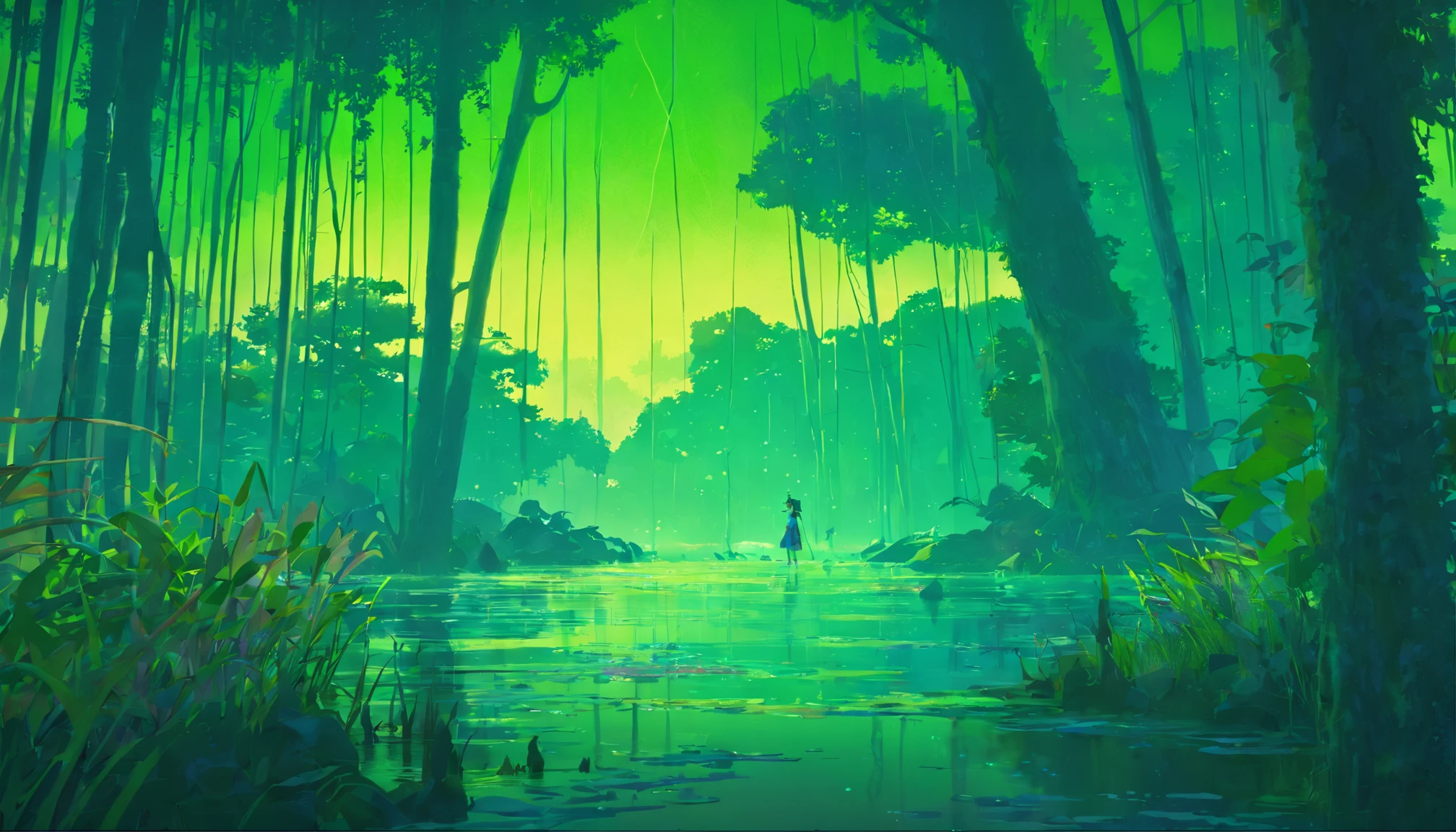 A creepy swamp, sci-fi horror, dramatic lighting, 4k, arte conceitual, altamente detalhado, Volumetric lighting, global ilumination, octan render, Estilo-SwampMagic, Eldritch, cosmico, energia escura