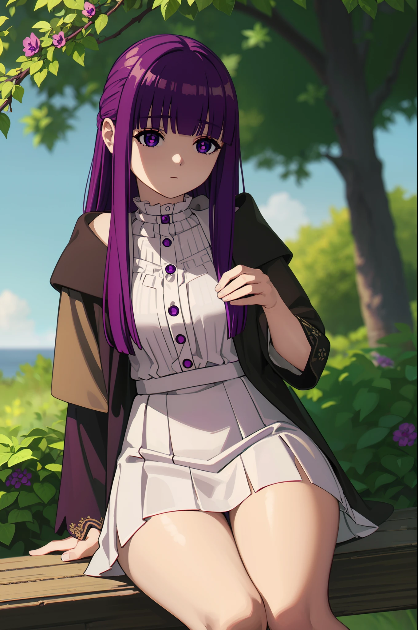 fern, long hair, bangs, (purple eyes:1.1), purple hair, mini skirt, thigh, outdoor, looking at viewer, cowboy shot, (masterpiece:1.2), best quality, high resolution, unity 8k wallpaper, (illustration:0.8), (beautiful detailed eyes:1.6), extremely detailed face, perfect lighting, extremely detailed CG, (perfect anatomy)