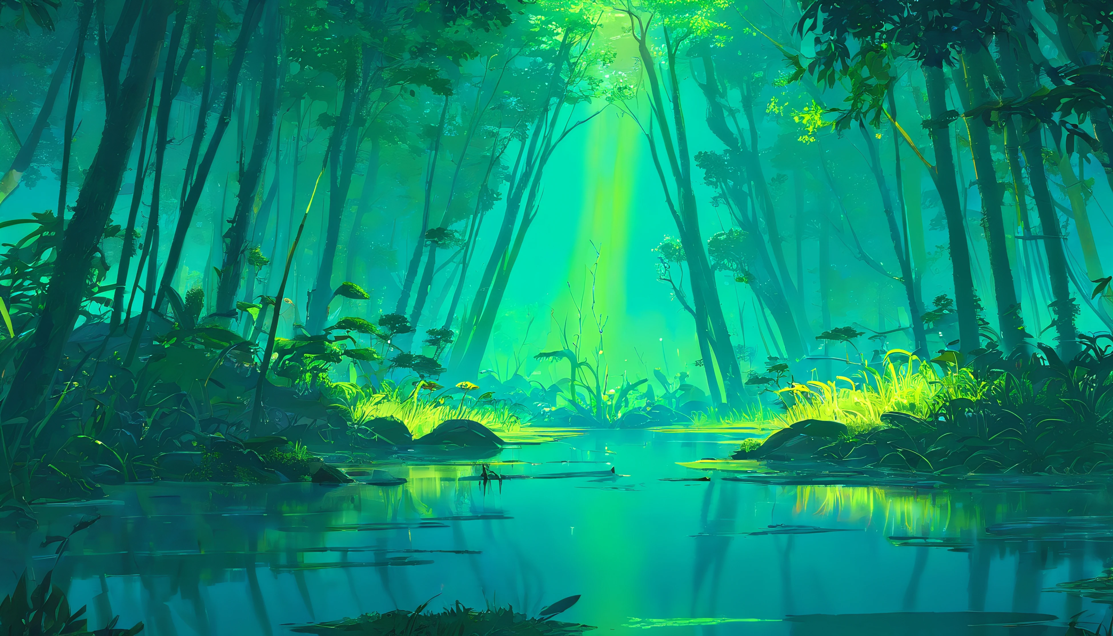 A creepy swamp, sci-fi horror, dramatic lighting, 4k, arte conceitual, altamente detalhado, Volumetric lighting, global ilumination, octan render, Estilo-SwampMagic, Eldritch, cosmico, energia escura