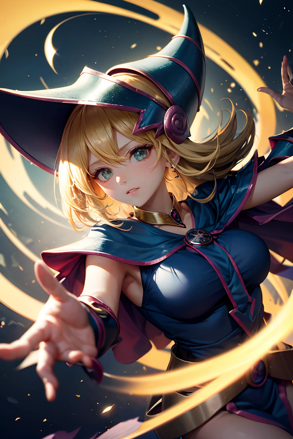 (Obra maestra:1.2), (La mejor calidad:1.2), Perfect lighting, Chica Maga Oscura lanzando un hechizo, flotando en el aire, tetas grandes, escote, fondo de magia. Corazones transparente en el hambiente, blue robe, sombrero grande, desde arriba, Destellos, Yugioh Card en el fondo