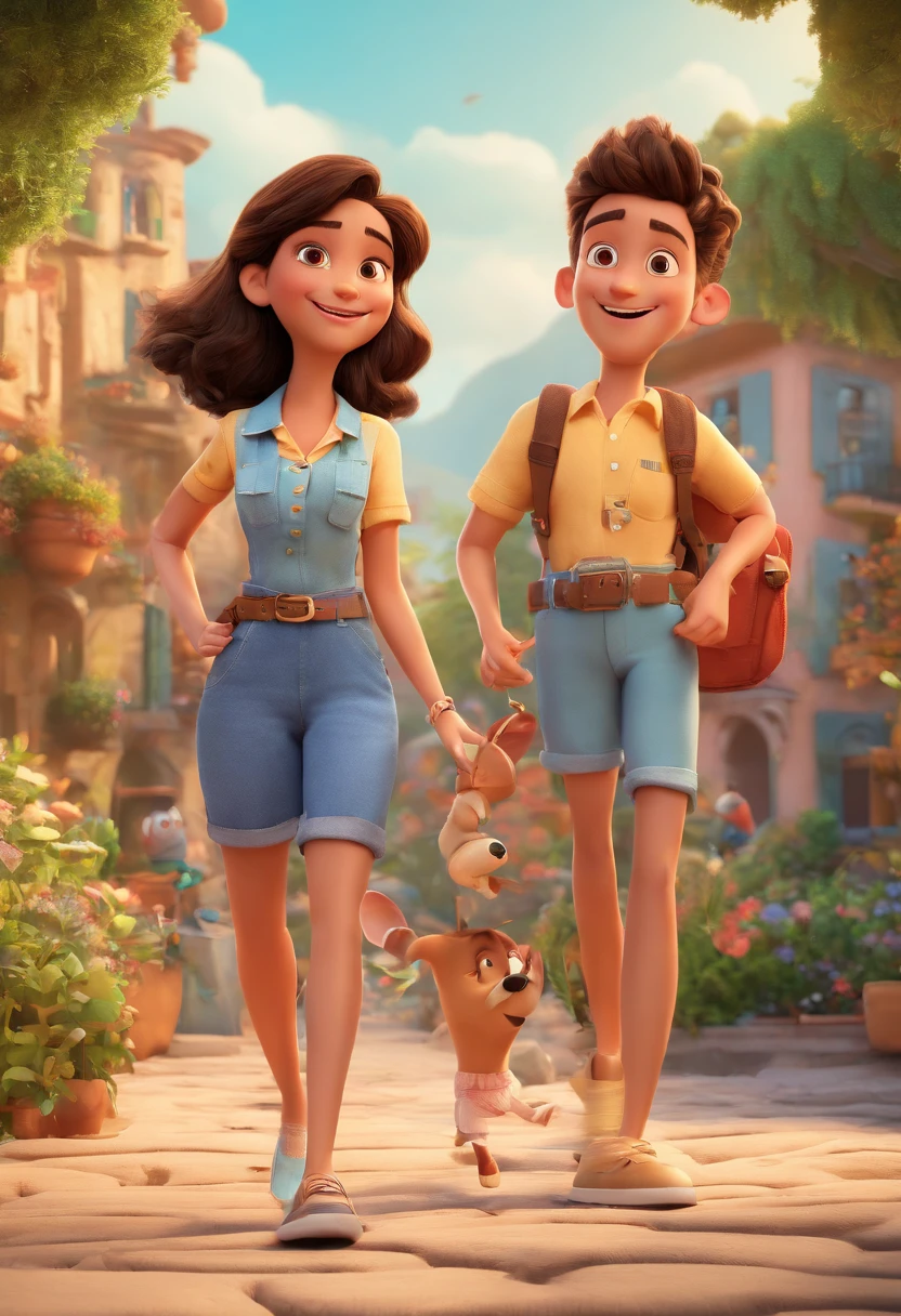 Cartoon of friends having fun on vacation together, 3D Animation Movie Poster, Poster de filme animado, pixar 3 d animation style, pixar renderman rendering, maia 8 mil, animated film, Disney Pixar Estilo 3D, amigos felizes saem juntos, all wearing light blue shirts and cream brown long pants, camisa azul clara, cream brown pants, ao ar livre, vacation, Disney Pixar Animation Poster
