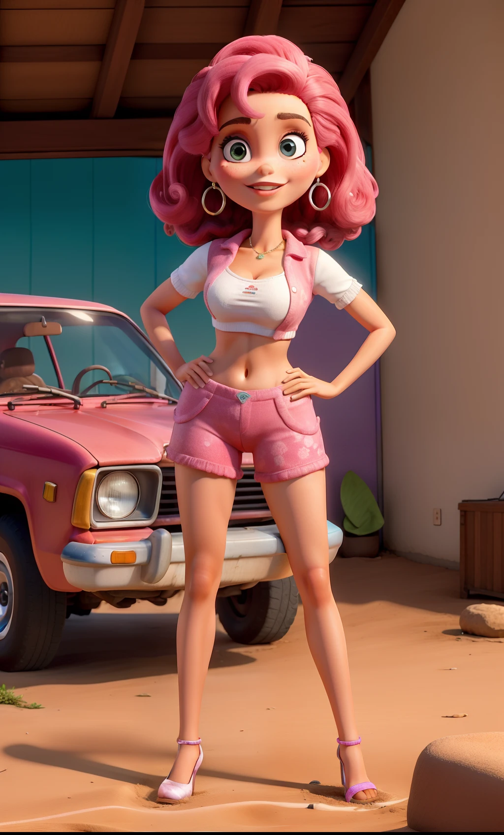 Obra-prima, de melhor qualidade, uma mulher loira, olhos azuis, barbie, ao lado de um chevette 1979 bege com vidros rosas