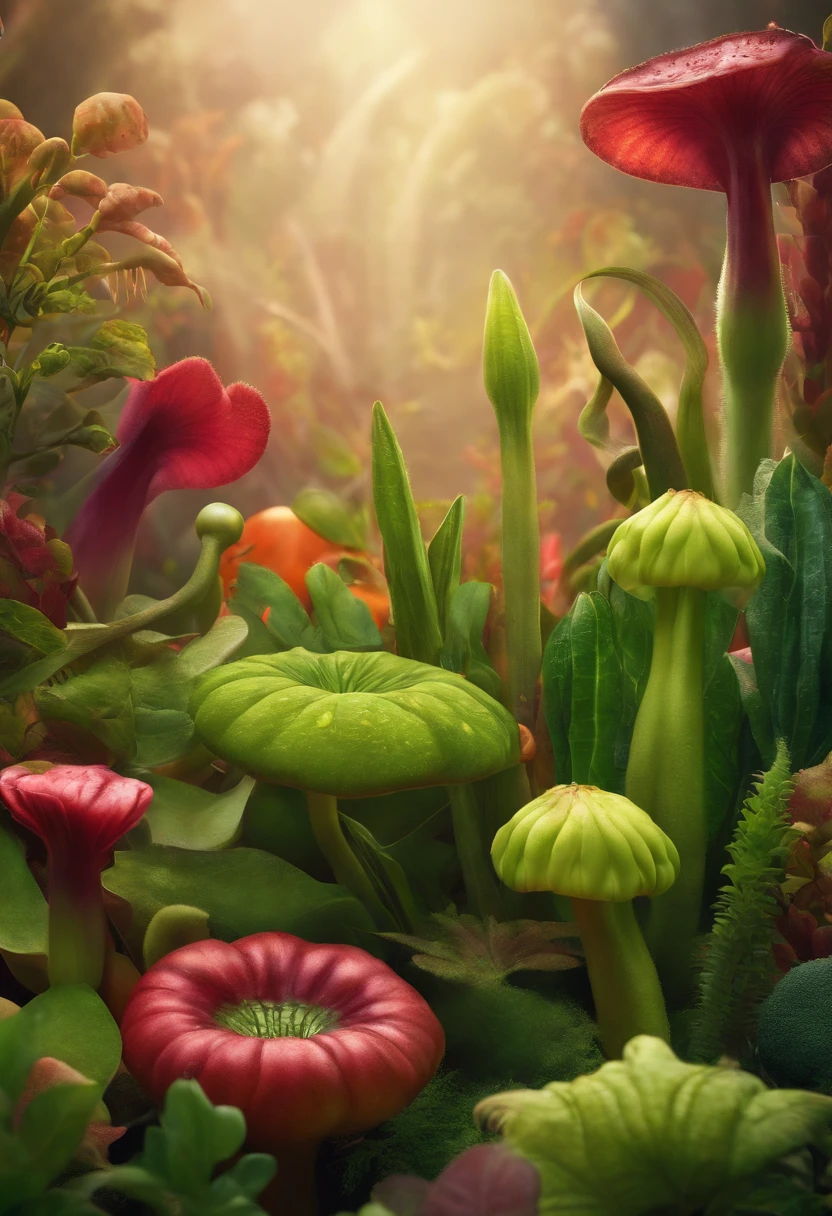 Make a background with various plants and vegetables with carnivorous plant faces Pixar style