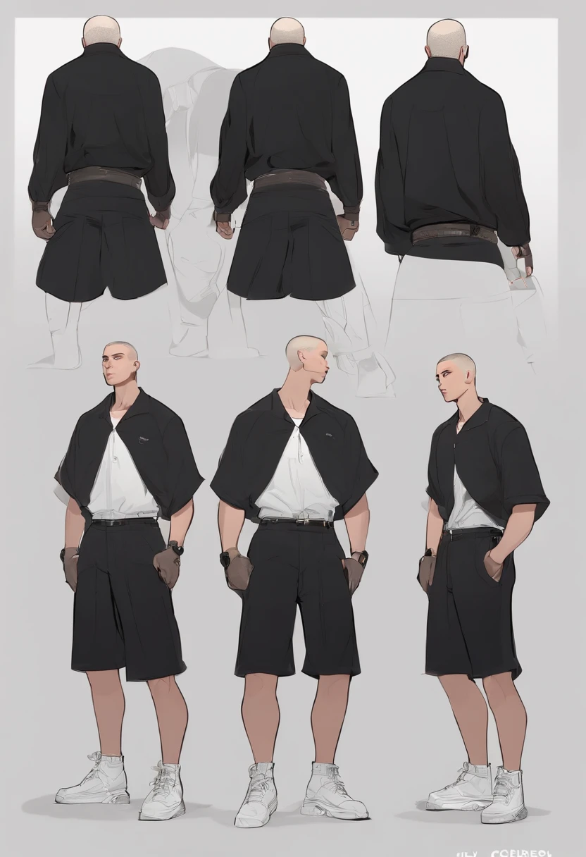 Black buzz cut, character references, black eyes, black big shirt, black baggy shorts, white shoes, male, Full body, Character design , reference sheet, front angle, side angle, rear angle, dynamic poses, adult