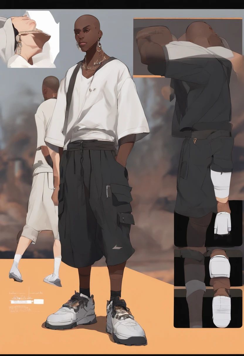 Black buzz cut, character references, black eyes, black big shirt, black baggy shorts, white shoes, male, Full body, Character design , reference sheet, front angle, side angle, rear angle, dynamic poses, adult