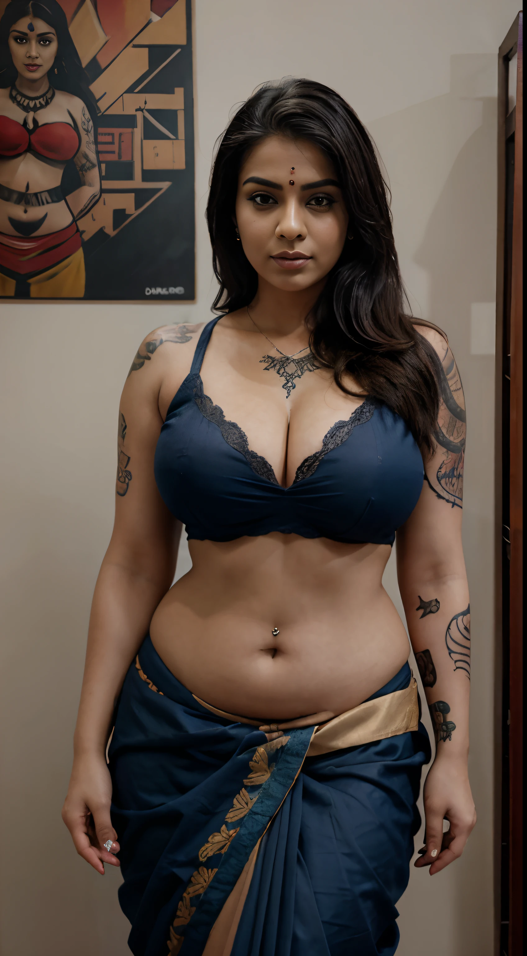 Photograph of an Indian babe, Waring a traditional saree and blouse, blouse, rich, saree, blouse, Tattoo , full body tattoO, belly tattoo, hand tatto, face tatto, sexy body, huge boobs, big breast, sexy cleavage, cleavage, Indian chubby babe, 27 years old, mature figure, chubby, fatty, hot, hot face, real, realistic, real face, soft shadow, Soft lights, Tatted, High quality, masterpiece, Canon r 5, 85mm, f 1.4, emphasis on the tattoo, 4k