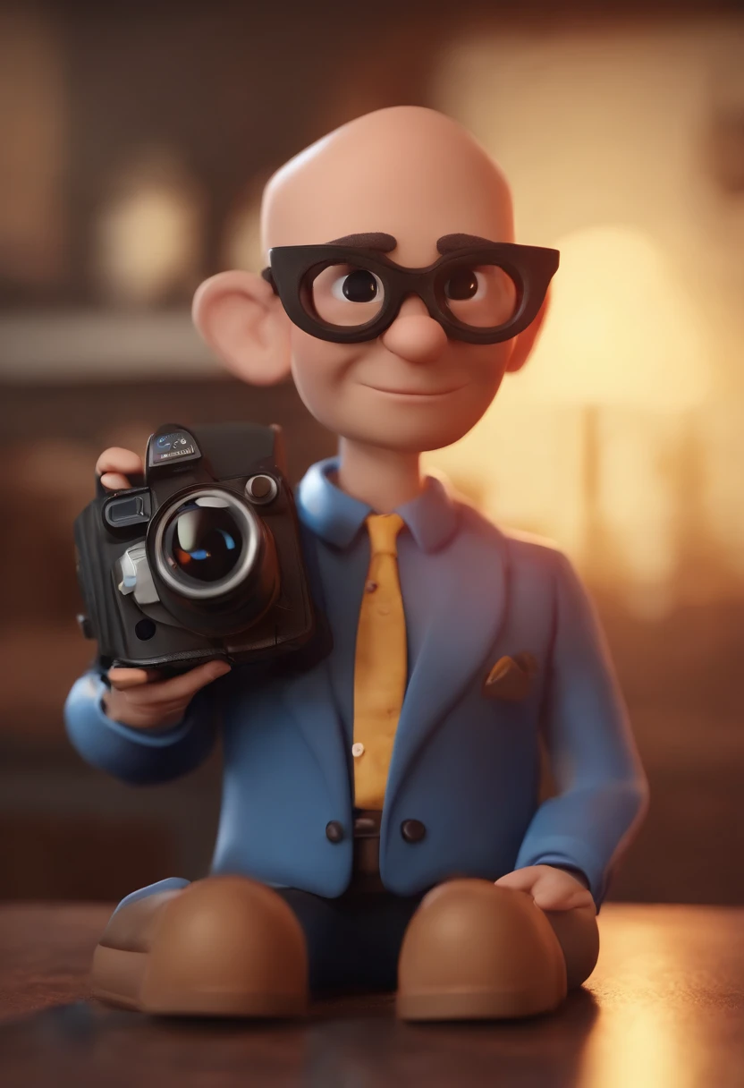 personagem dos desenhos animados de um homem de barba pequena, Bald man with black glasses and a blue shirt and blue blazer, Holding a Canon brand photo camera Animation character, Caractere estilizado, animation style rendering, 3D estilizado, Arnold Maya render, 3 d render stylized, toon render keyshot, Personagem 3D, Personagem 3D, 3d rendering stylized, 3 d character render, personagem de desenho animado, Personagem de close up, Pose de personagem, (Estilo Pixar) (master part:1.2) (Bokeh) (best quality) (pele detalhada) (textura detalhada) (8k) (argila) (Cinematic lighting) (foco nítido