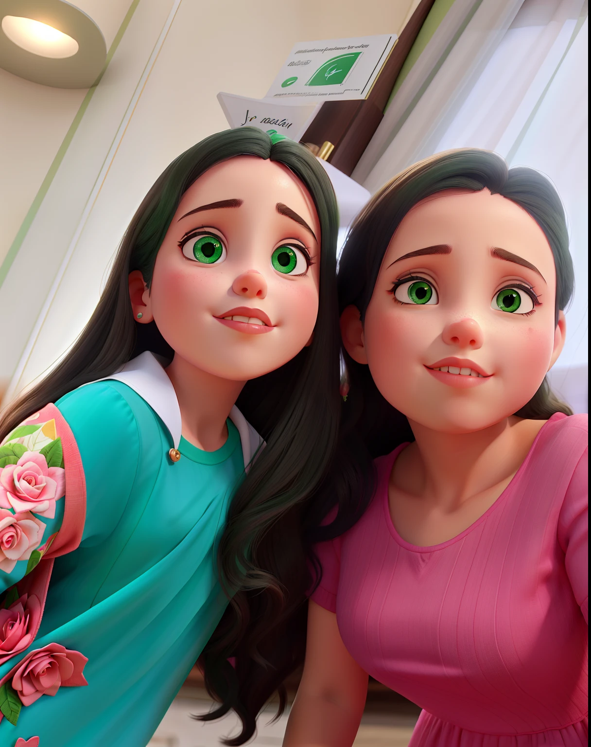 Uma mulher advogada, jovem, de blusa rosa, Making kissing pout next to a child in a green dress