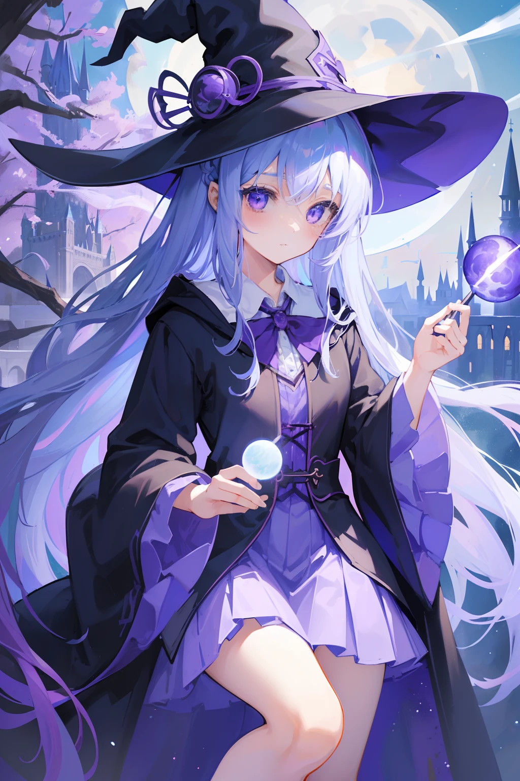 1 girl in、Light blue long hair、half up、(Purple eyes)、witch's hat、Harry Potter robes、Knee-length skirt、Drawn from diagonally in front、Looking at the camera、Stuffed cat、fullmoon、Castles、Using magic、Light on the hand、(High resolution of the highest quality)、((Masterpiece Highest Quality:1.2))