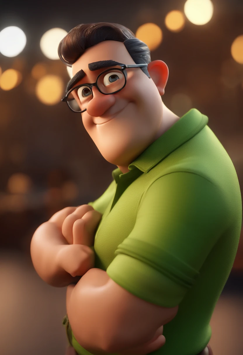Cartoon character of a man with black glasses and a green shirt, animation character, Caractere estilizado, animation style rendering, 3D estilizado, Aslam, 3 d render stylized, toon render keyshot, Personagem 3D, Personagem 3D, 3d rendering stylized, 3 d character render, personagem de desenho animado, Personagem de close up, Pose de personagem, (Estilo Pixar) (master part:1.2) (Bokeh) (best quality) (pele detalhada) (textura detalhada) (8k) (argila) (Cinematic lighting) (foco nítido