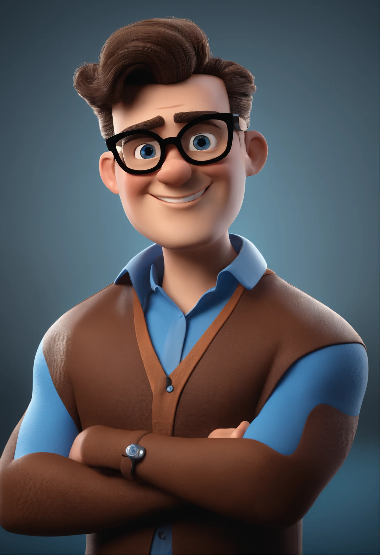 Cartoon character of a man with black glasses and a blue shirt, animation character, Caractere estilizado, animation style rendering, 3D estilizado, Arnold Maya render, 3 d render stylized, toon render keyshot, Personagem 3D, Personagem 3D, 3d rendering stylized, 3 d character render, personagem de desenho animado, Personagem de close up, Pose de personagem, (Estilo Pixar) (master part:1.2) (Bokeh) (best quality) (pele detalhada) (textura detalhada) (8k) (argila) (Cinematic lighting) (foco nítido