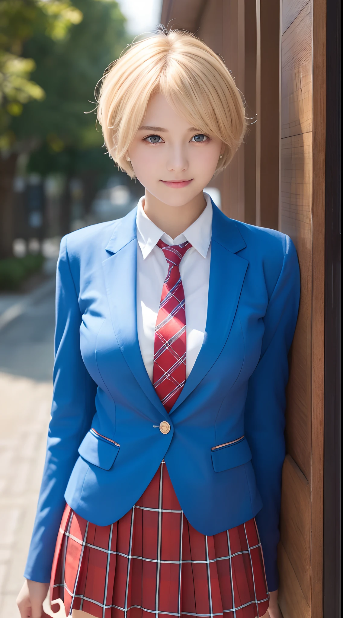 masutepiece,Best Quality,Ultra-detailed,finely detail,hight resolution,in 8K,((Photorealsitic:1.4,Raw photography,超A high resolution,Top image quality:1.4)),masutepiece、Best Quality、 ultra-detailliert、hight resolution、8K Wallpapers、Perfect dynamic composition,、Beautiful detailed eyes、(Beautiful breasts:1.1) 、Blue Blazer、student clothes、white shirt、red necktie、Plaid brown skirt、1girl in、a beauty girl、High school students、Blonde head hair、(a blond)short-cut、Hide your left eye with hair、Red Eyes、ssmile