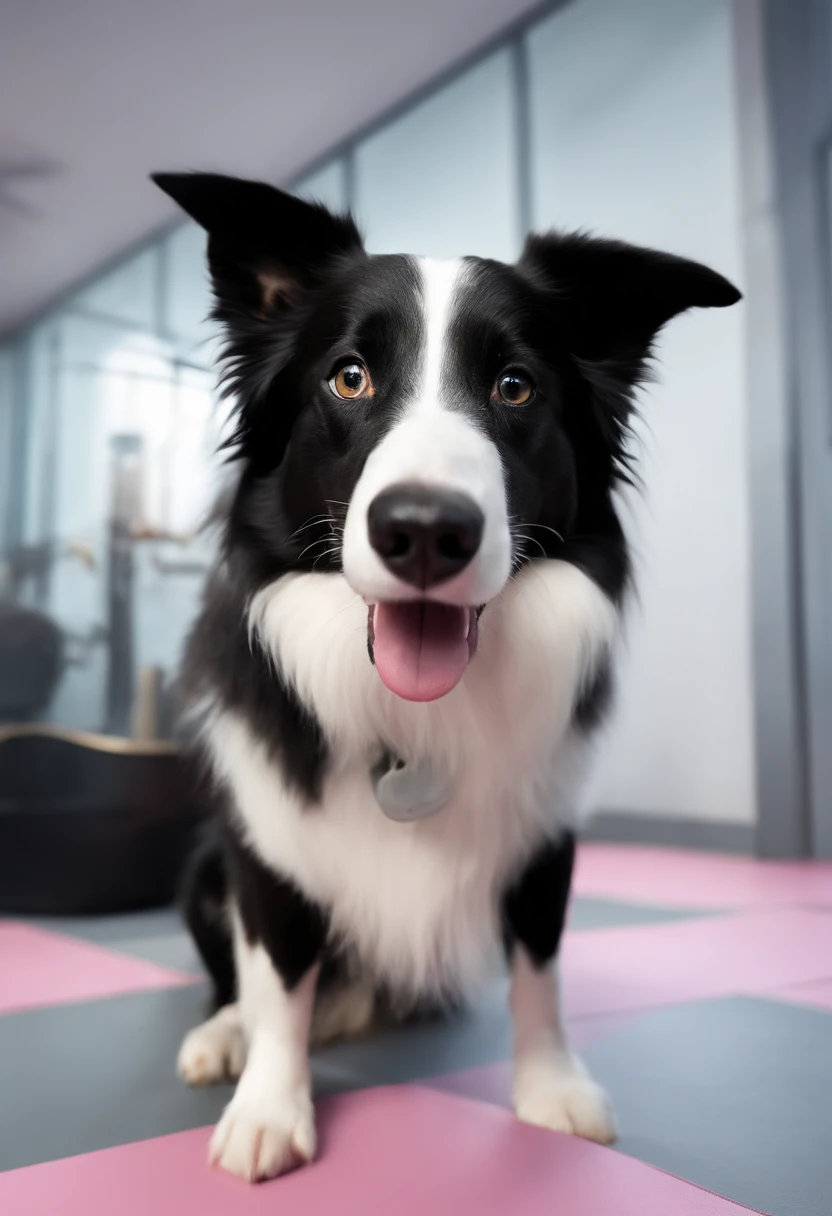 Criar um personagem pixar de um cachorro border collie na pelagem cinza com branco, Wearing glasses with black frames and with a pink tongue standing out. Pixar scenery with other dogs in the background playing in a dog daycare. High-quality image in dimension of 1:1