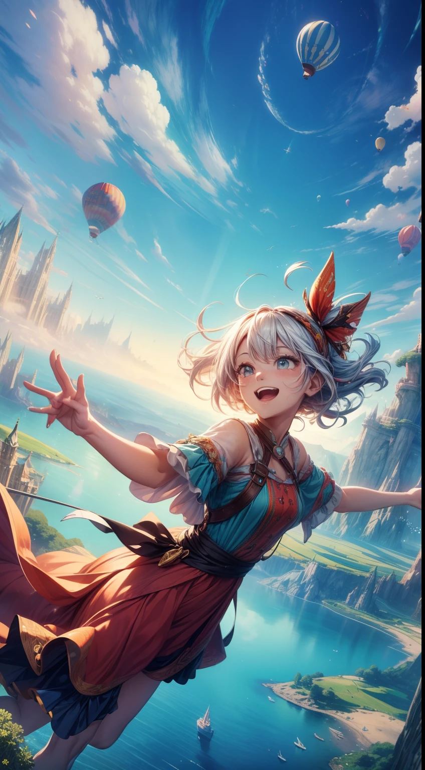 (best quality,4k,8k,highres,masterpiece:1.2), cartoon, hot air balloon journey, colorful sky, joyful characters, whimsical clouds, vibrant landscapes, dreamlike adventure, magical atmosphere, detailed illustrations, imaginative storytelling, lively scenes, playful expressions, whimsical personalities, dynamic movements, smooth brushstrokes, vivid colors, fantasy elements, surreal landscapes, floating in the air, sense of freedom, joyful anticipation, exciting exploration, breathtaking views, uplifting emotions, immersive experience, sense of wonder, cheerful and bright, lively and energetic, playful and whimsical, captivating and magical, vibrant and vivid, dreamy and fantastical, joyful and exhilarating, magical and enchanting, enchanting journey.