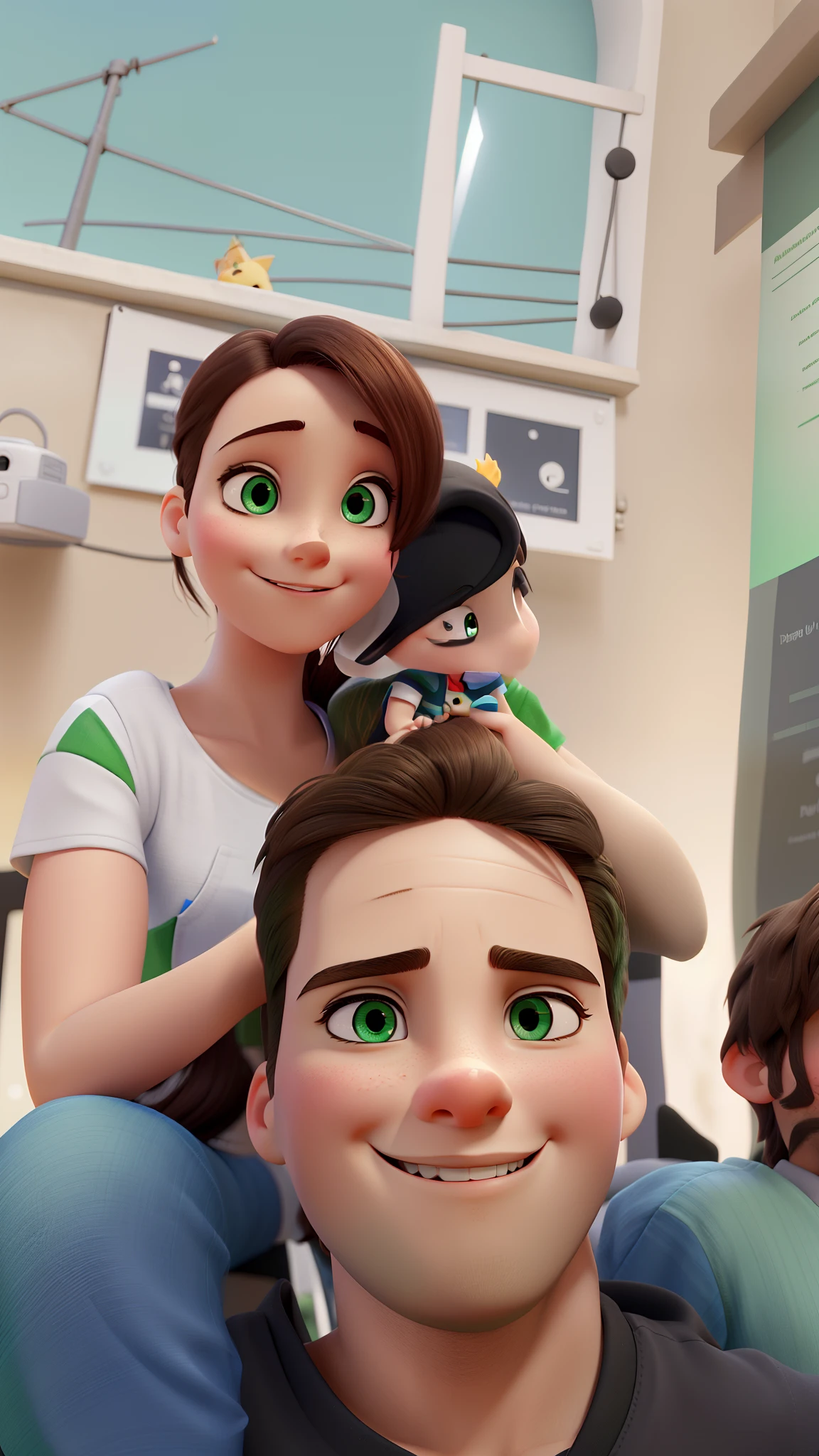 Estilo PixUmr: A young woman with green eyes is holding a month of eyes and a young smiling boy,3D Poster,Disney com vibrantes