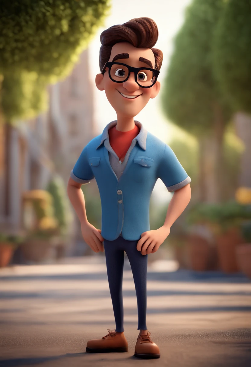 Cartoon character of a man with black glasses and a blue shirt, animation character, Caractere estilizado, animation style rendering, 3D estilizado, Arnold Maya render, 3 d render stylized, toon render keyshot, Personagem 3D, Personagem 3D, 3d rendering stylized, 3 d character render, personagem de desenho animado, Personagem de close up, Pose de personagem,  (Estilo Pixar) (master part:1.2) (Bokeh) (best quality) (pele detalhada) (textura detalhada) (8k) (argila) (Cinematic lighting) (foco nítido