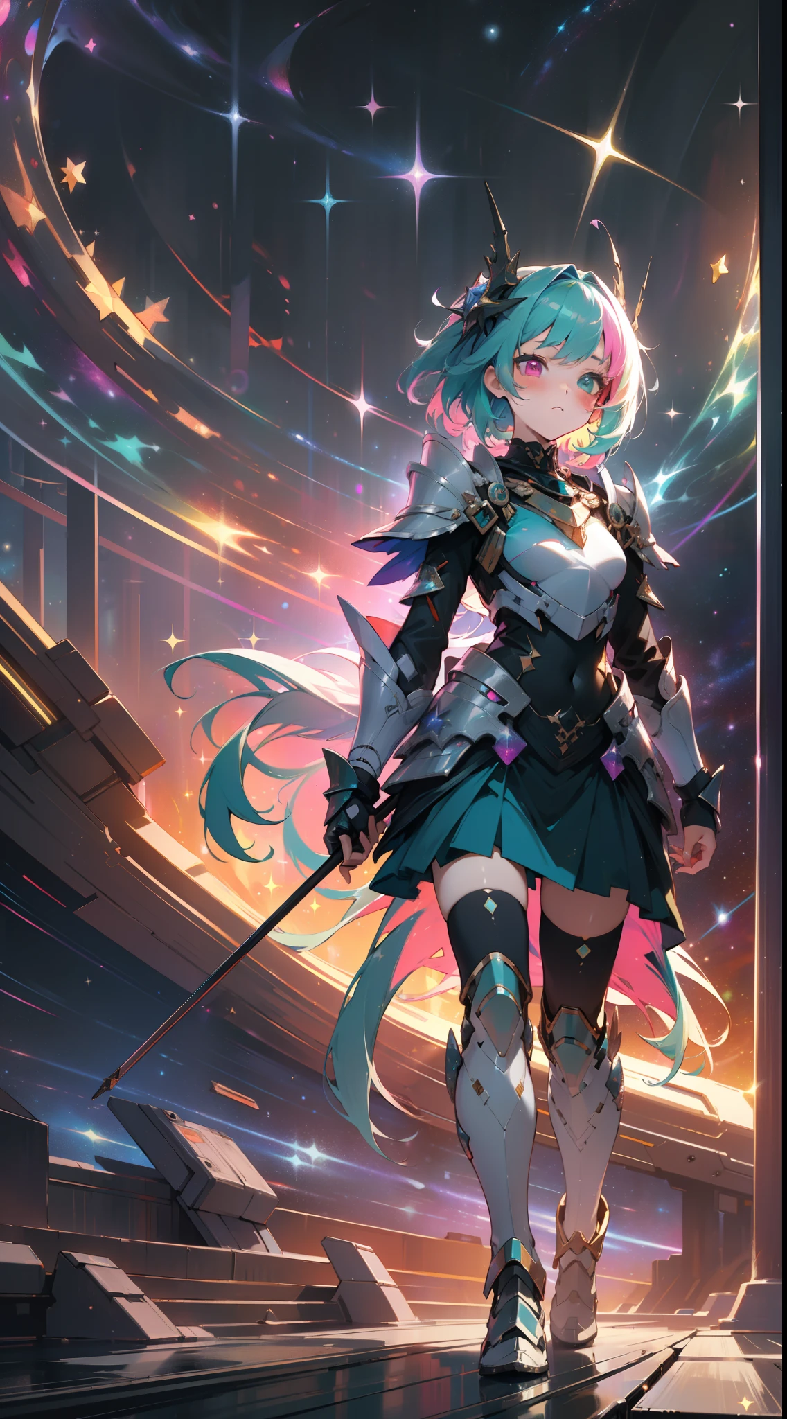 ((masterpiece)), (best quality), a with rainbow colored hair and teal dress armor, walking in the stars, rainbow colored cosmic nebula background, stars, galaxies, heterochromia, perfect medium breast, full_body,midjourney,glitter