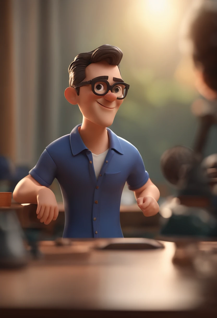 Cartoon character of a man wearing black glasses and a blue shirt, um personagem animado, Caractere estilizado, animation style rendering, 3D estilizado, Arnold Maya render, 3 d render stylized, toon render keyshot, Personagem 3D, Personagem 3D, 3d rendering stylized, 3 d character render, personagem de desenho animado, Personagem de close up, Pose de personagem, (Estilo Pixar) (master part:1.2) (Bokeh) (best quality) (pele detalhada) (textura detalhada) (8k) (argila) (Cinematic lighting) (foco nítido,Senta e vaza a parte superior do corpo