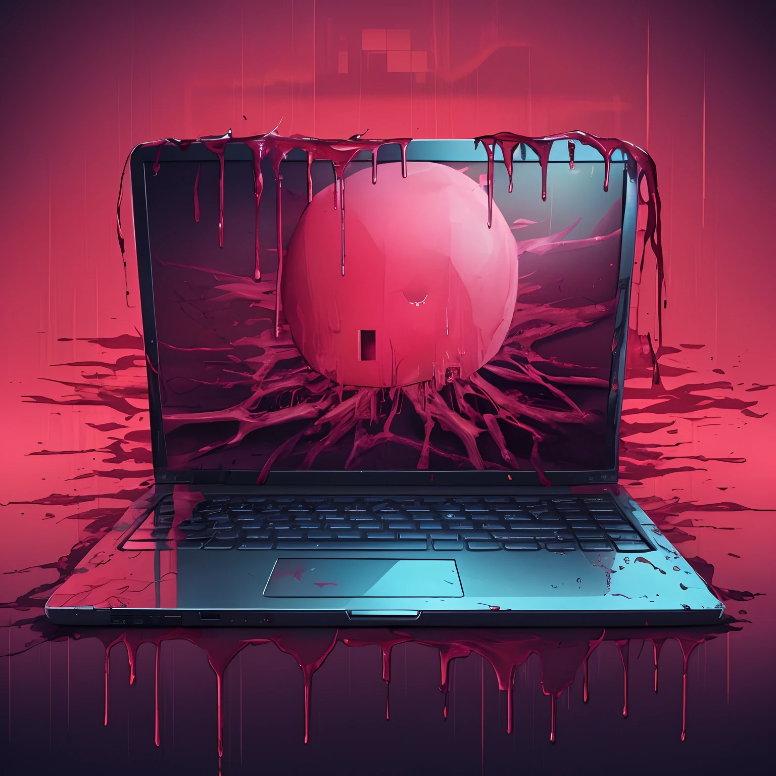 A laptop with a heart on the screen and blood dripping down the screen, Horror a las computadoras personales, Corrupted data, Technological angst, Corrupted file, Screen Fusion, (arte digital), Broken laptop screen, Computer aesthetics, Computer failure, Effects of Piracy, Computer failures, El origen de CyberTimes, Computadora de mano, CGI informático