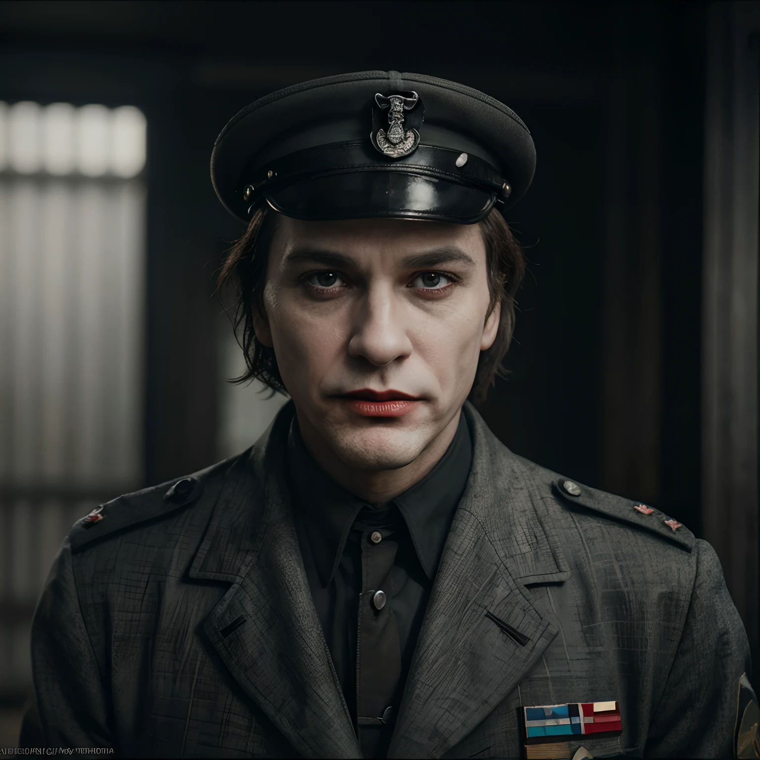 trail cam footage of Joker in real life, Hearts of Iron 4 , 4k high definition, detailed, high resolution, realistic, vintage Photo style, very,  National, red baron, stylish officer, fatherland, real