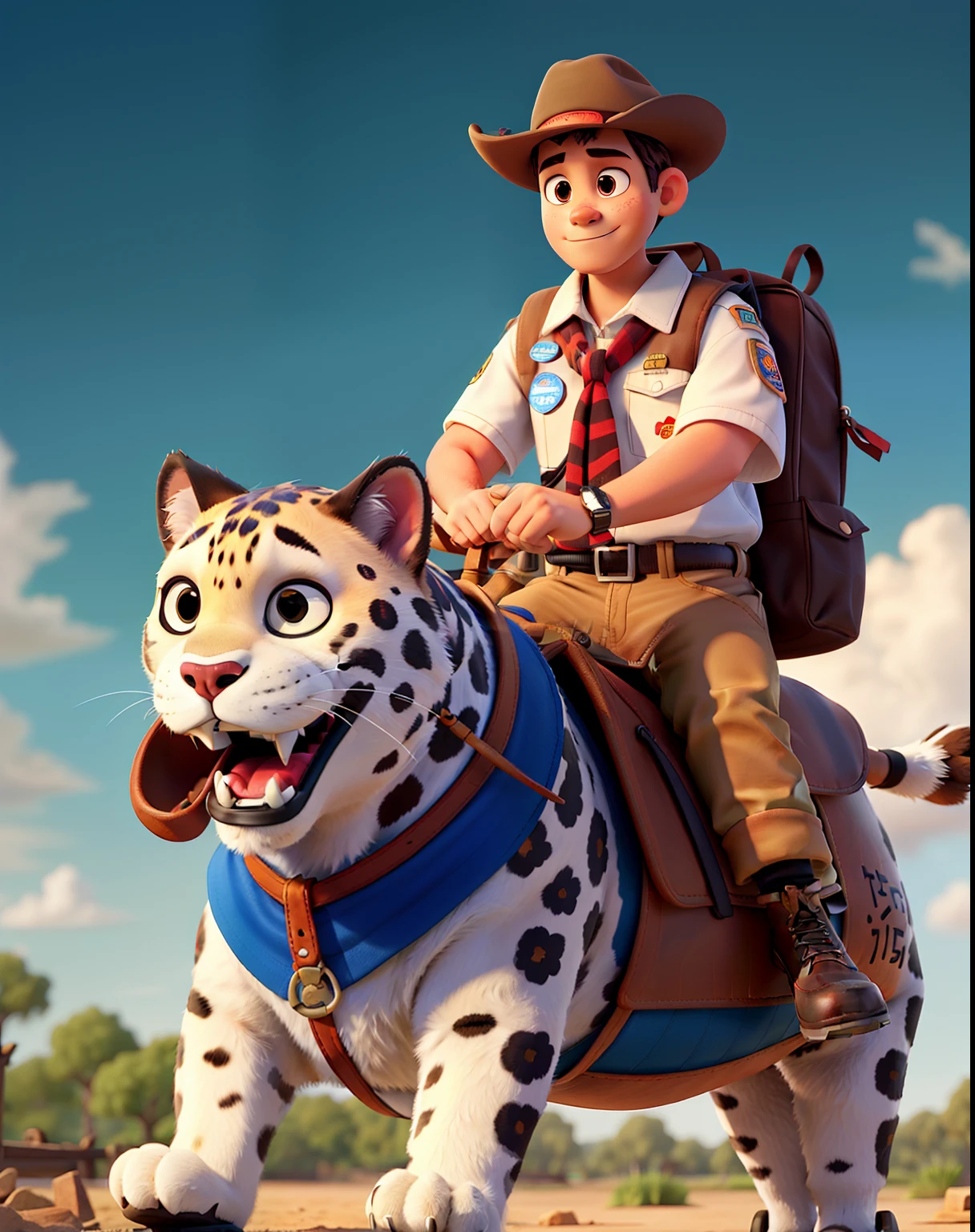 A jaguar being ridden by a man in a Boy Scout outfit