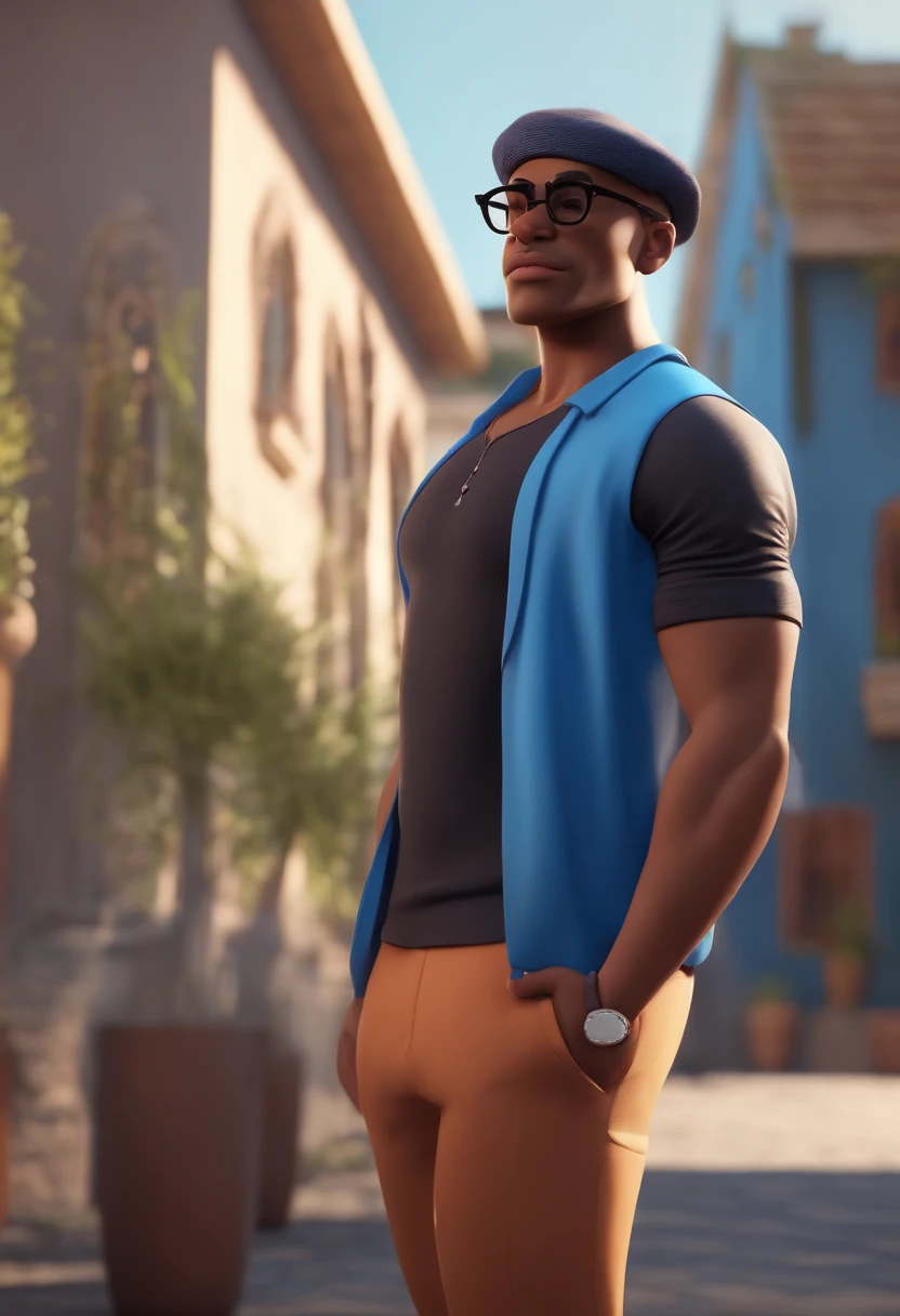 Cartoon character of a man with black glasses and a blue shirt, animation character, Caractere estilizado, animation style rendering, 3D estilizado, mulatto man gym clothes strong hat chubby