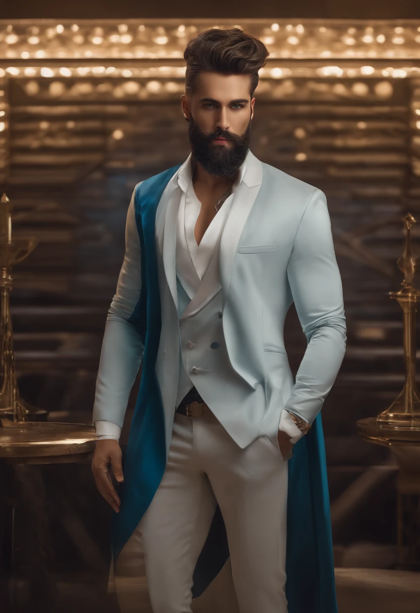 (Homem cyberpunk em roupas elegantes), (com um longo, barba cheia,) (olhos azuis) (retrato) Beautiful and serious appearance, Cabelo azul escuro, Elegante e elegante, e camiseta de corpo forte, (Realista e de alta qualidade), ((best quality, 8k, piece of master).
