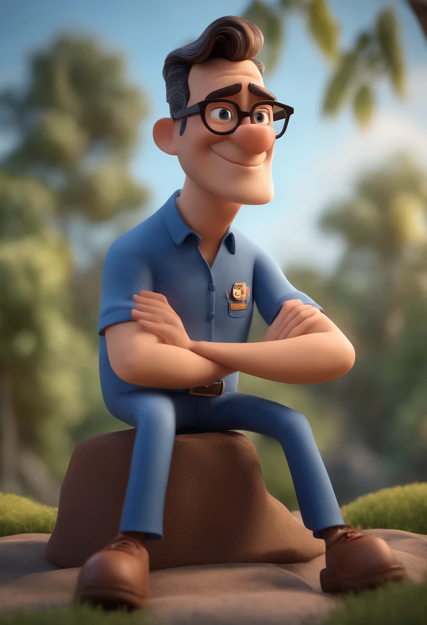 Cartoon character of a man with black glasses and a blue shirt, animation character, Caractere estilizado, animation style rendering, 3D estilizado, Arnold Maya render, 3 d render stylized, toon render keyshot, Personagem 3D, Personagem 3D, 3d rendering stylized, 3 d character render, personagem de desenho animado, Personagem de close up, Pose de personagem,  (Estilo Pixar) (master part:1.2) (Bokeh) (best quality) (pele detalhada) (textura detalhada) (8k) (argila) (Cinematic lighting) (foco nítido