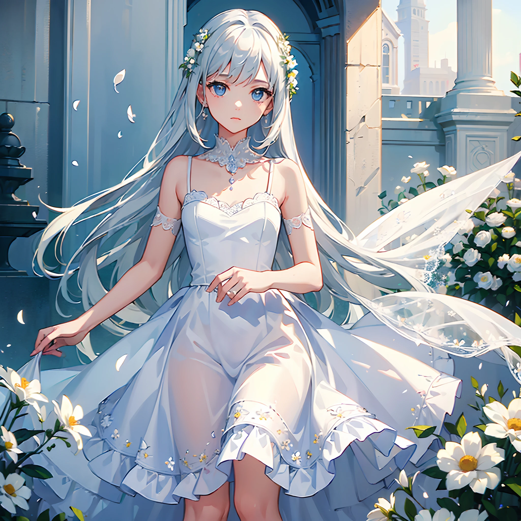 (masterpiece, best quality:1.6), white lace dress, cowboy shot, thighs, beautiful girl, (flowers, many small white petals:1.3), garden, blue sky, looking at viewer, small waist, official art, raw photo, incredibly absurdres, facelight, dynamic lighting, cinematic lighting, ultra realistic, highres, photography, sharp focus, highest detailed, extreme detailed, ultra detailed, finely detail, extremely detailed eyes and face