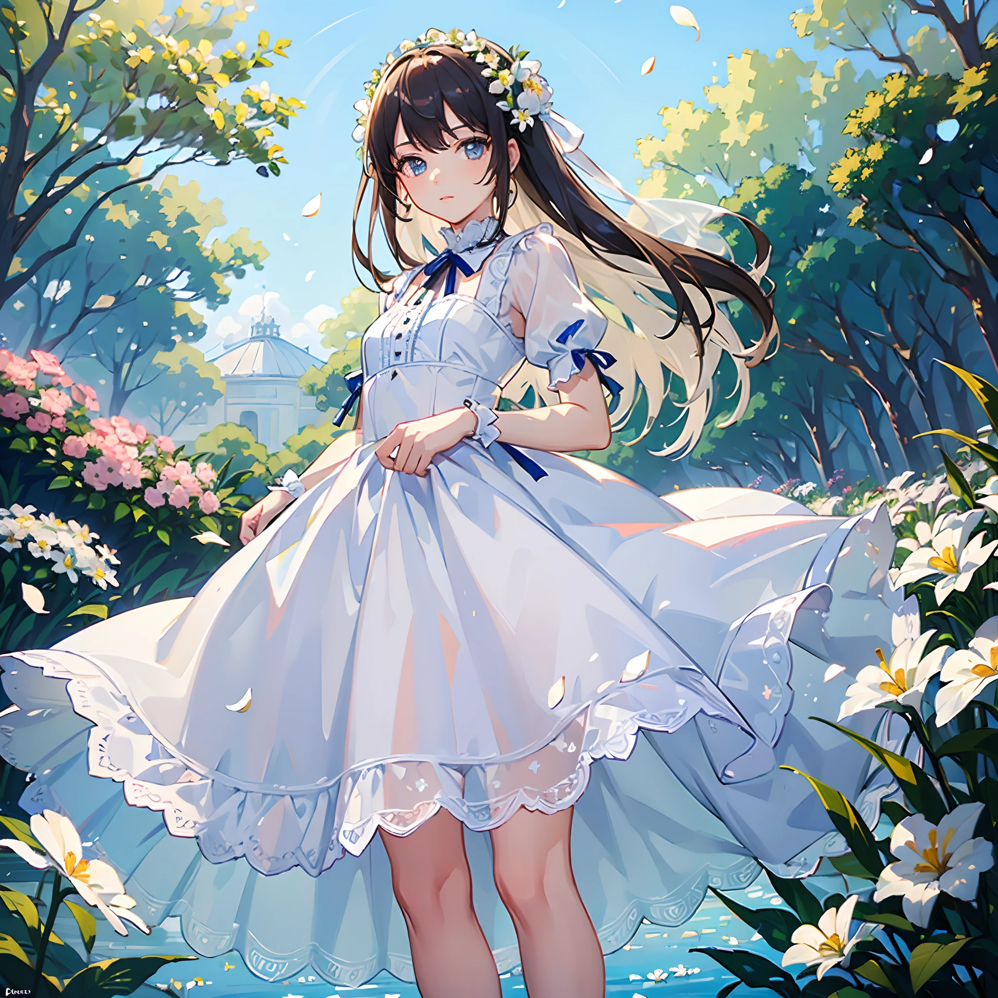 (masterpiece, best quality:1.6), white lace dress, cowboy shot, thighs, beautiful girl, (flowers, many small white petals:1.3), garden, blue sky, looking at viewer, small waist, official art, raw photo, incredibly absurdres, facelight, dynamic lighting, cinematic lighting, ultra realistic, highres, photography, sharp focus, highest detailed, extreme detailed, ultra detailed, finely detail, extremely detailed eyes and face