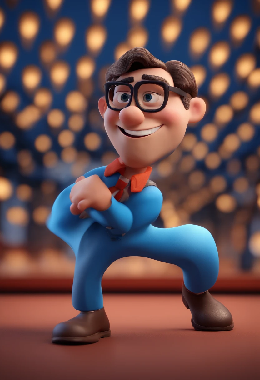 Cartoon character of a man with black glasses and a blue shirt, animation character, Caractere estilizado, animation style rendering, 3D estilizado, Arnold Maya render, 3 d render stylized, toon render keyshot, Personagem 3D, Personagem 3D, 3d rendering stylized, 3 d character render, personagem de desenho animado, Personagem de close up, Pose de personagem, (Estilo Pixar) (master part:1.2) (Bokeh) (best quality) (pele detalhada) (textura detalhada) (8k) (argila) (Cinematic lighting) (foco nítido