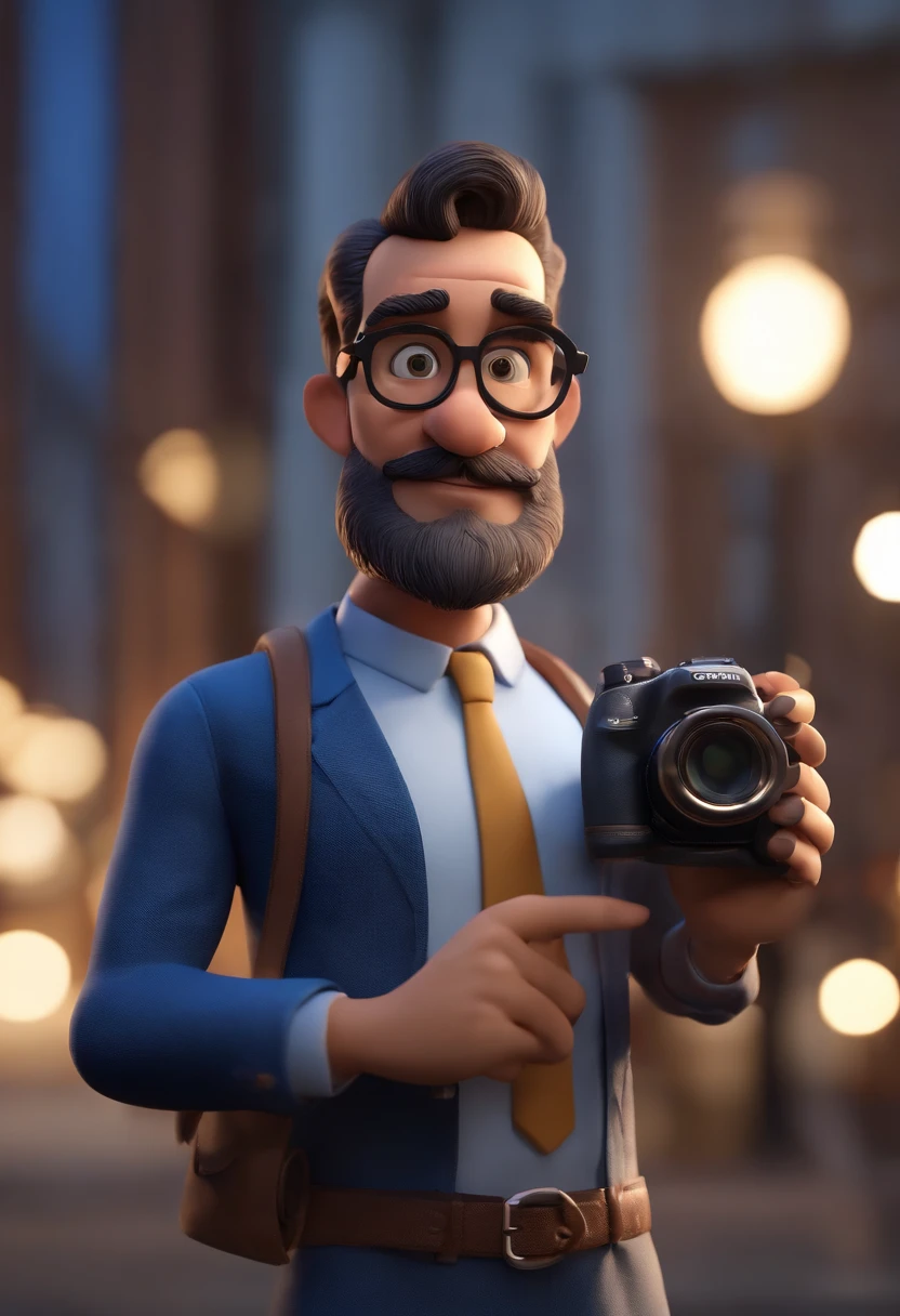 personagem dos desenhos animados de um homem de barba pequena, Bald man with black glasses and a blue shirt and blue blazer, Holding a Canon brand photo camera Animation character, Caractere estilizado, animation style rendering, 3D estilizado, Arnold Maya render, 3 d render stylized, toon render keyshot, Personagem 3D, Personagem 3D, 3d rendering stylized, 3 d character render, personagem de desenho animado, Personagem de close up, Pose de personagem, (Estilo Pixar) (master part:1.2) (Bokeh) (best quality) (pele detalhada) (textura detalhada) (8k) (argila) (Cinematic lighting) (foco nítido