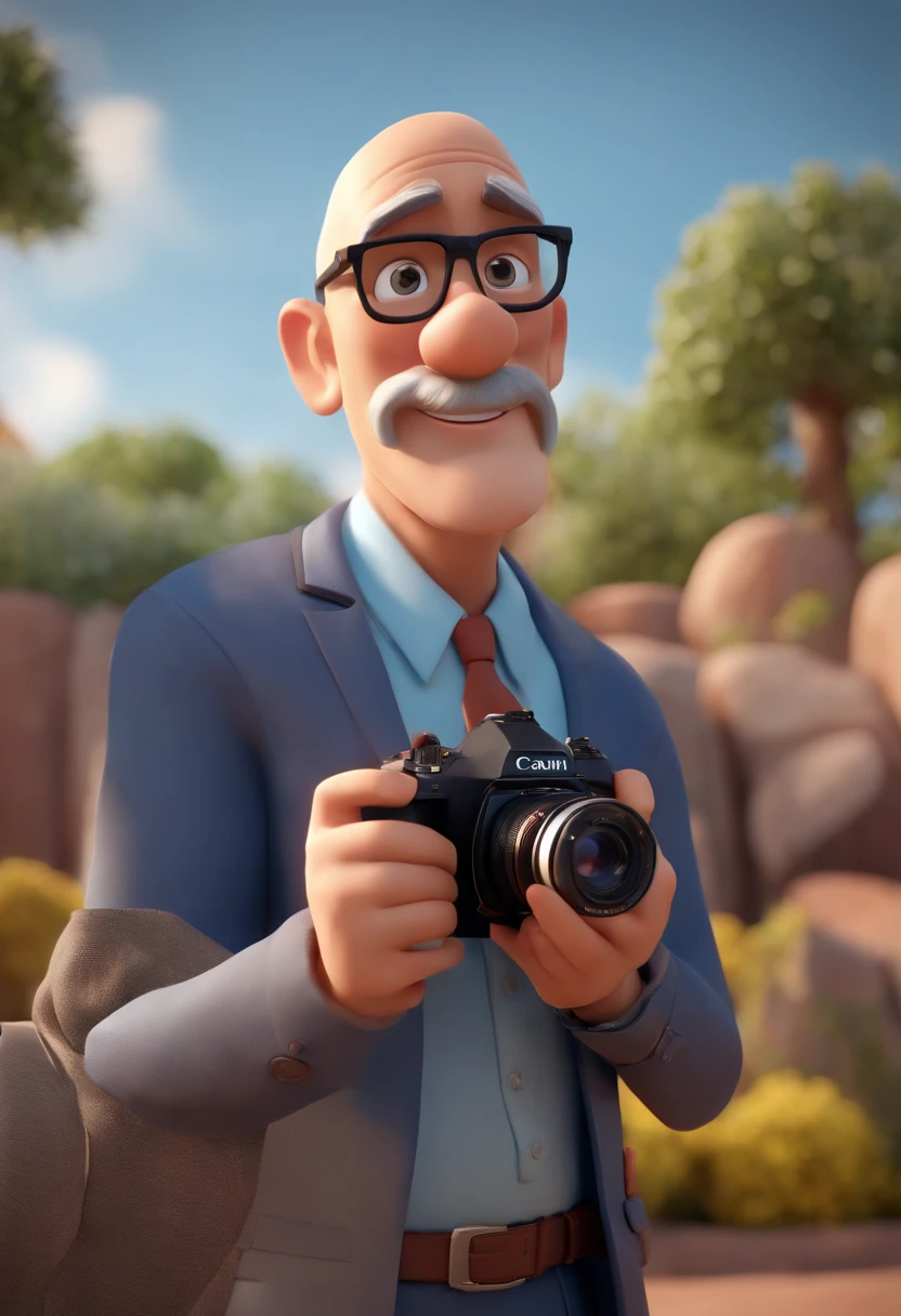 personagem dos desenhos animados de um homem de barba pequena, Bald man with black glasses and a blue shirt and blue blazer, Holding a Canon brand photo camera Animation character, Caractere estilizado, animation style rendering, 3D estilizado, Arnold Maya render, 3 d render stylized, toon render keyshot, Personagem 3D, Personagem 3D, 3d rendering stylized, 3 d character render, personagem de desenho animado, Personagem de close up, Pose de personagem, (Estilo Pixar) (master part:1.2) (Bokeh) (best quality) (pele detalhada) (textura detalhada) (8k) (argila) (Cinematic lighting) (foco nítido