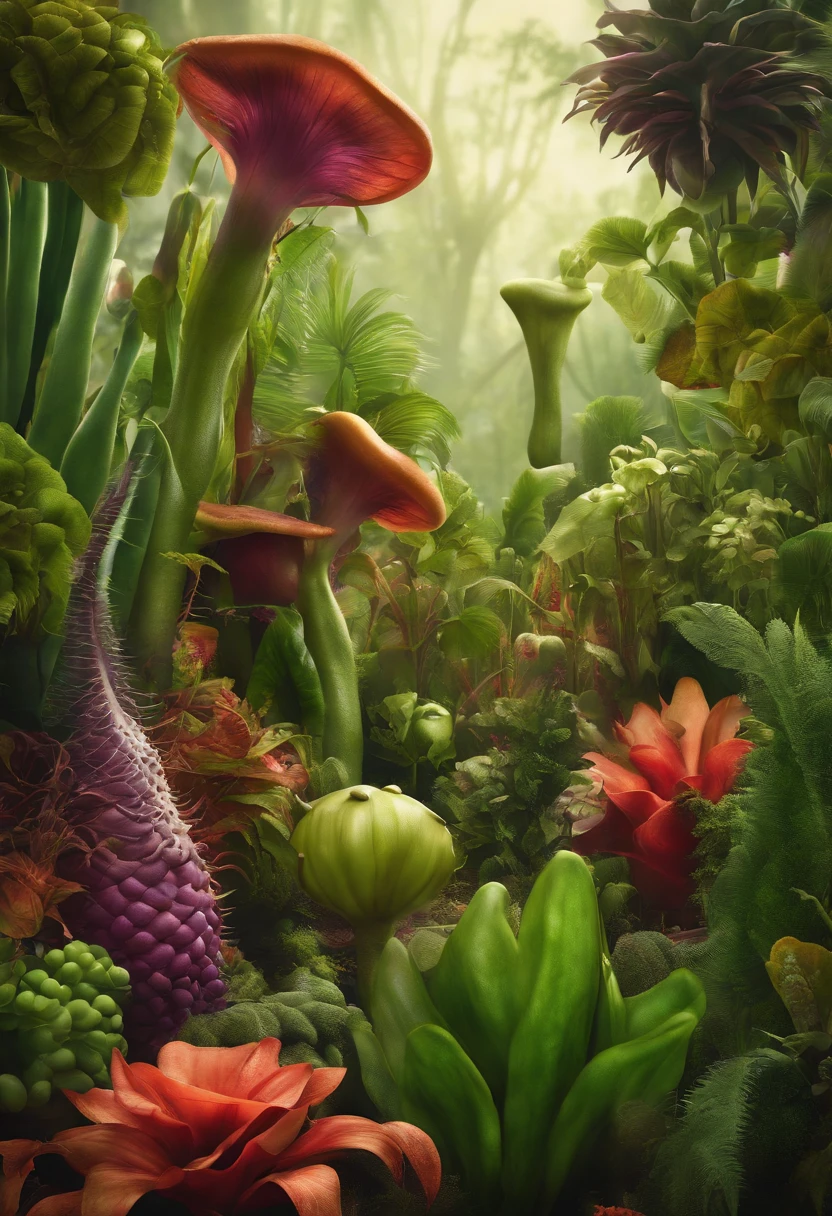 Make a background with various plants and vegetables with carnivorous plant faces with huge mouths Pixar style