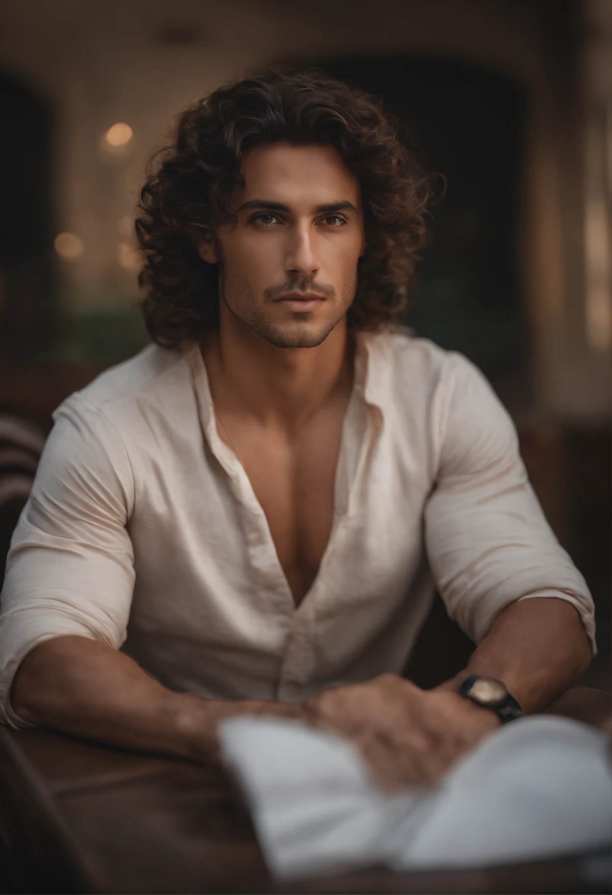 Retrato de um pai forte , Determined who knows his strength, brunette with curly brown hair, large face, very oval with a pit on the cheekbones, half-closed eyes with broad shoulders and fonts, com 1,85 chest height set gorgeous and exotic