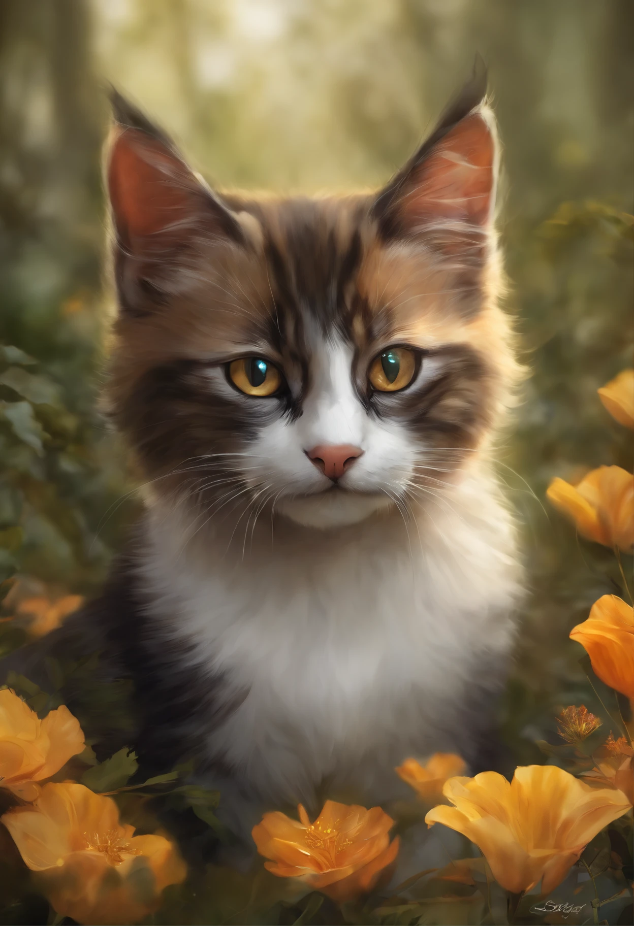 estilo wtrcolor, arte digital de (personagem gato), Arte Oficial, frente, sorrir, master part, Beautiful, ((Aquarela)), pintura facial, respingo de tinta, detalhes intrincados. olhos muito detalhados, [gotejar:0.5], trending in artstation, Raquel Walker