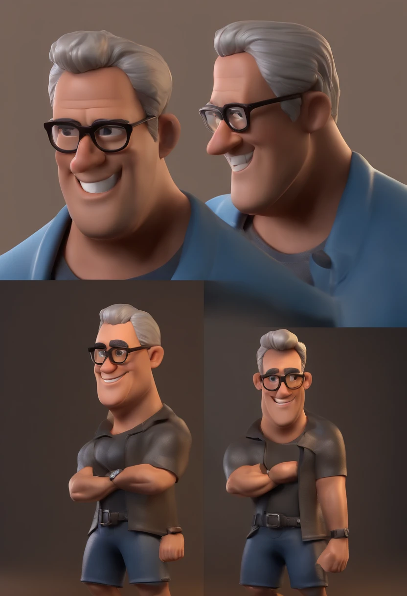 Cartoon character of a man with black glasses, cabelo cacheado marrom escuro e uma camisa azul, animation character, Caractere estilizado, animation style rendering, 3D estilizado, Arnold Maya render, 3 d render stylized, toon render keyshot, Personagem 3D, Personagem 3D, 3d rendering stylized, 3 d character render, personagem de desenho animado, Personagem de close up, Pose de personagem, (Estilo Pixar) (master part:1.2) (Bokeh) (best quality) (pele detalhada) (textura detalhada) (8k) (argila) (Cinematic lighting) (foco nítido