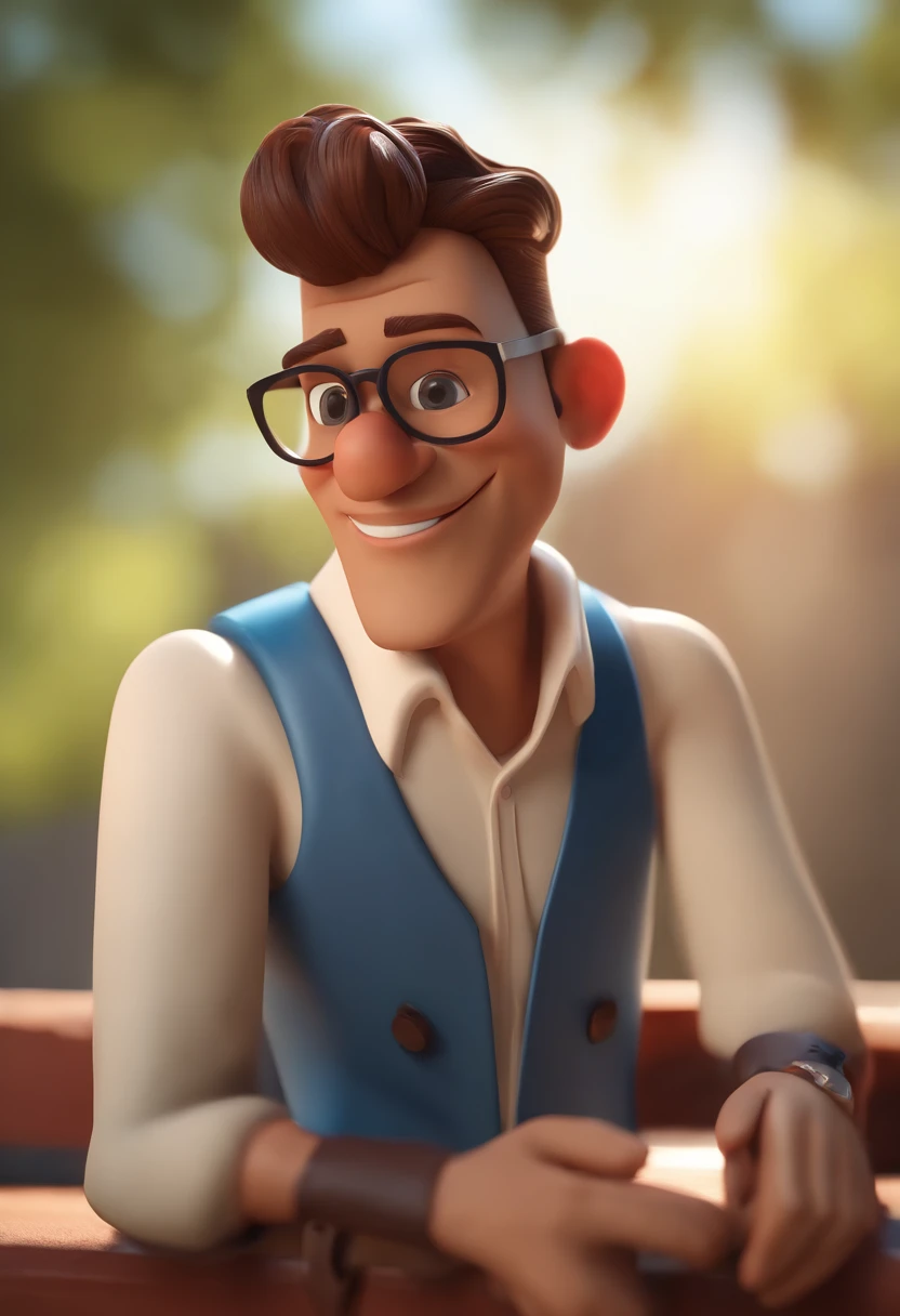 Cartoon character of a man with black glasses, cabelo cacheado marrom escuro e uma camisa azul, animation character, Caractere estilizado, animation style rendering, 3D estilizado, Arnold Maya render, 3 d render stylized, toon render keyshot, Personagem 3D, Personagem 3D, 3d rendering stylized, 3 d character render, personagem de desenho animado, Personagem de close up, Pose de personagem, (Estilo Pixar) (master part:1.2) (Bokeh) (best quality) (pele detalhada) (textura detalhada) (8k) (argila) (Cinematic lighting) (foco nítido