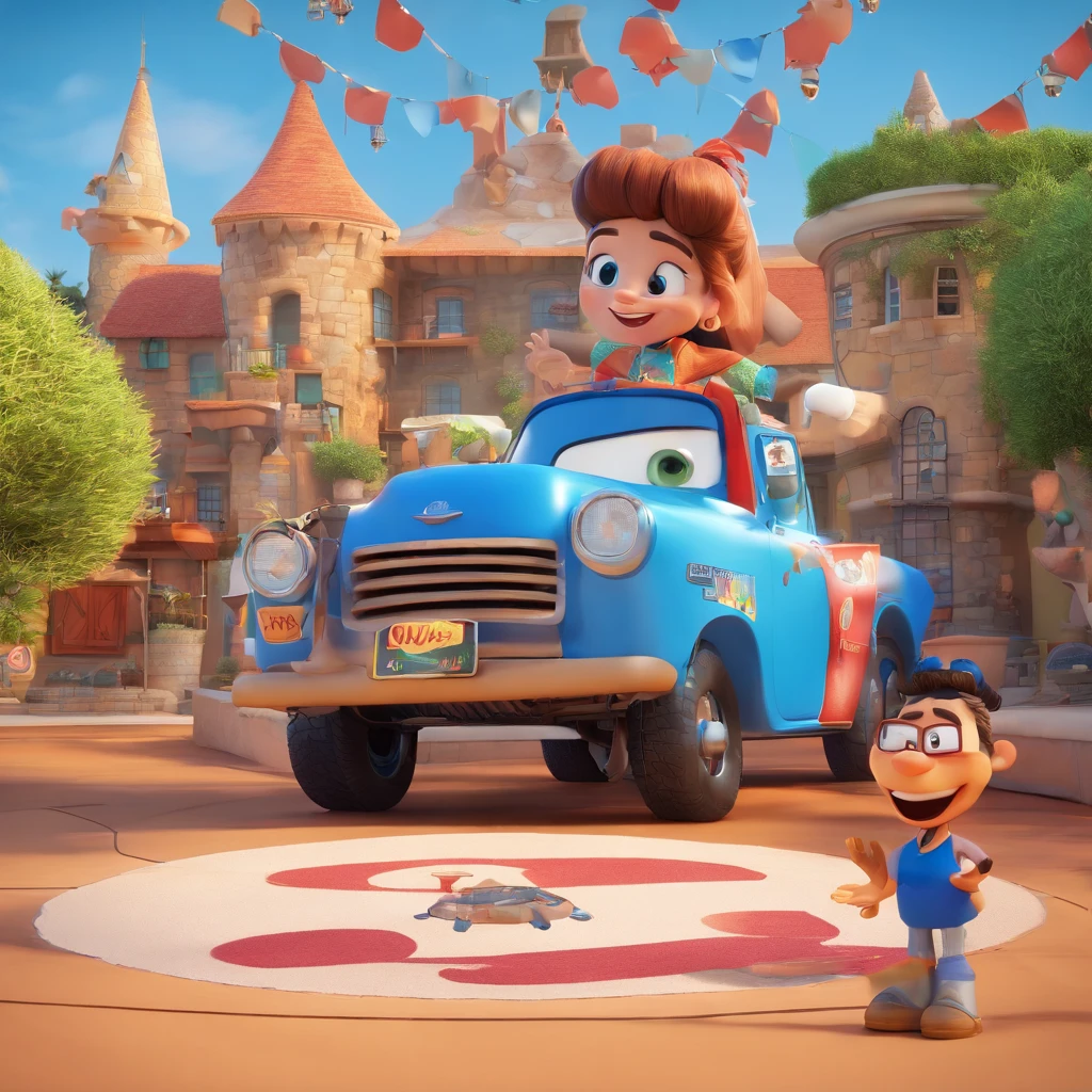 create a 3D movie poster inspired by Disney Pixar, The scene should be in Pixar's signature digital art style, com uma imagem cartunesco que lembra uma cozinheira com, shoulder-length brown hair and also glasses, dentro de uma cozinha