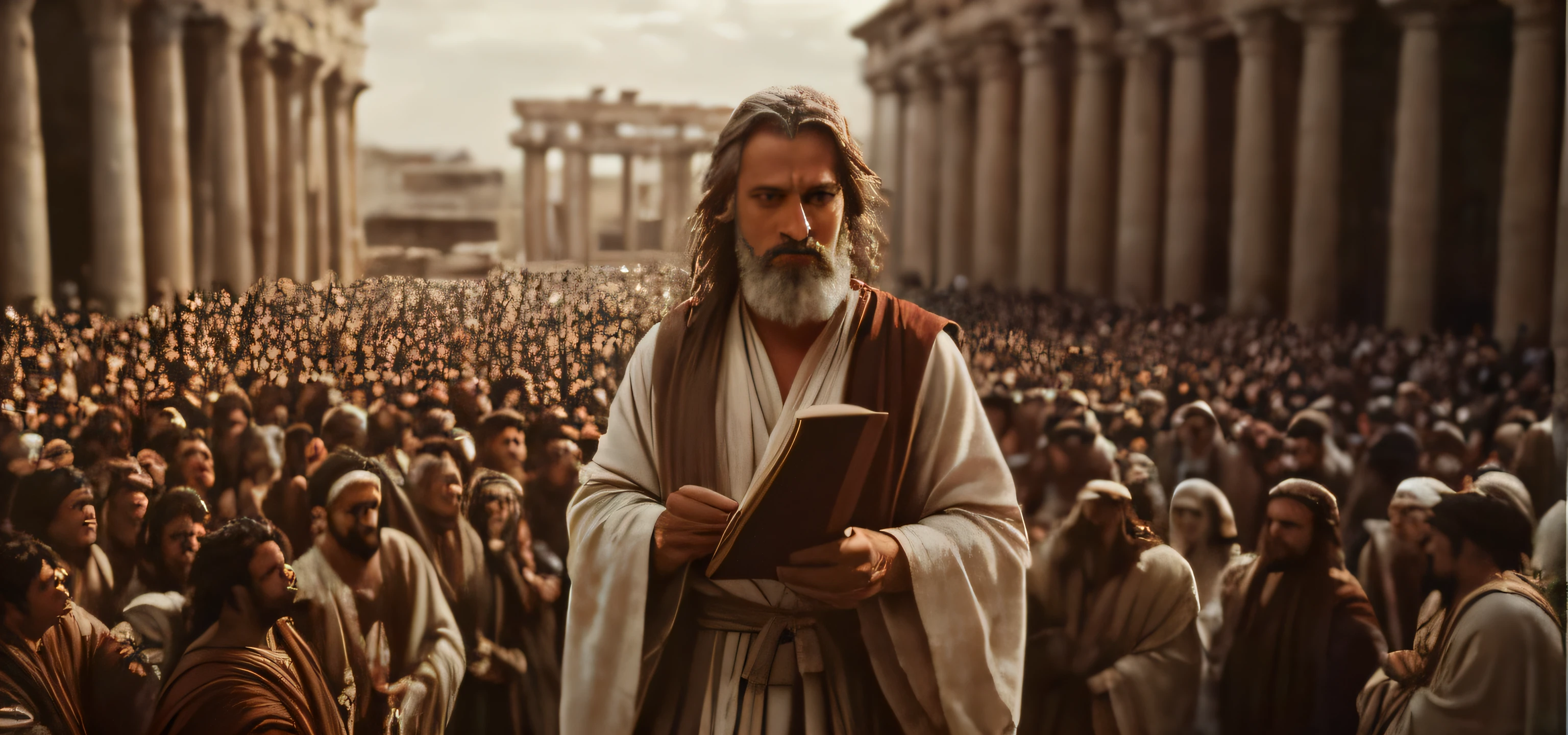 A man in a robe holding a book in front of a crowd, Biblical Dress, biblical epic movie, moses, Hombre de la antigua Roma, inspired by Theophanes the Greek, 8K movie frame, Un Jedi cristiano, Nicodemo, ancient biblical, 8 k movie still, still from a live action movie, inspired by Nicomachus of Thebes