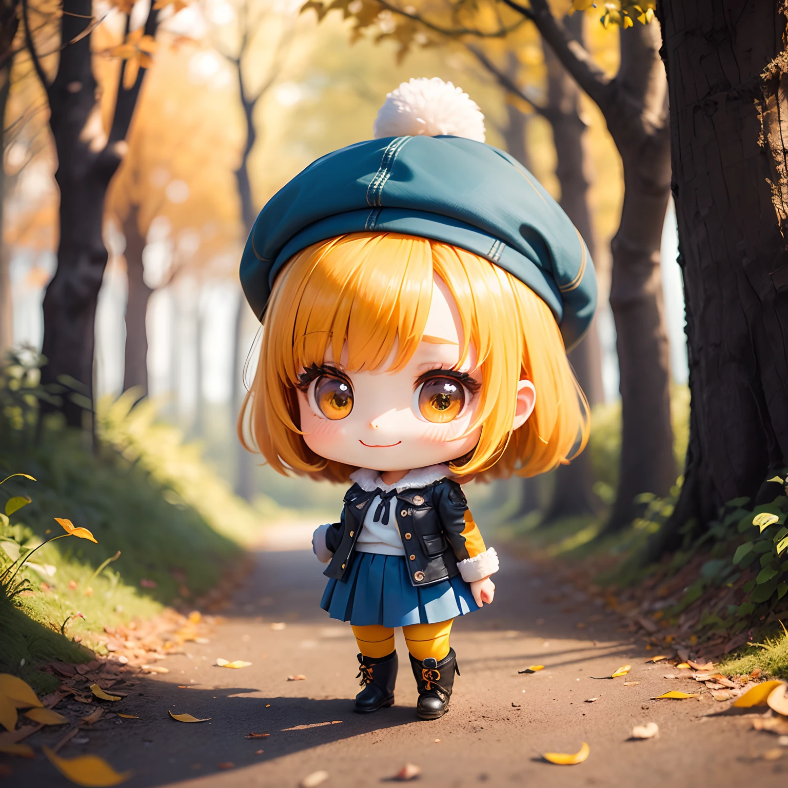 masterpiece、top-quality、ultra-detailliert、(Chibi Chara's Daughter:1.2)、Blue Bob、Leather Jean、Orange-yellow tights inside pleated skirt、Fairytale Autumn Forest、Standing、a smile