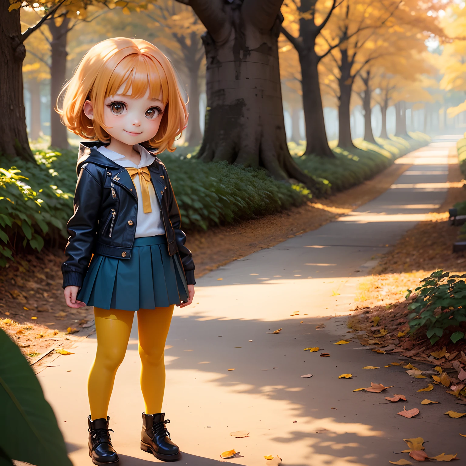 masterpiece、top-quality、ultra-detailliert、(Chibi Chara's Daughter:1.2)、Blue Bob、Leather Jean、Orange-yellow tights inside pleated skirt、Fairytale Autumn Forest、Standing、a smile